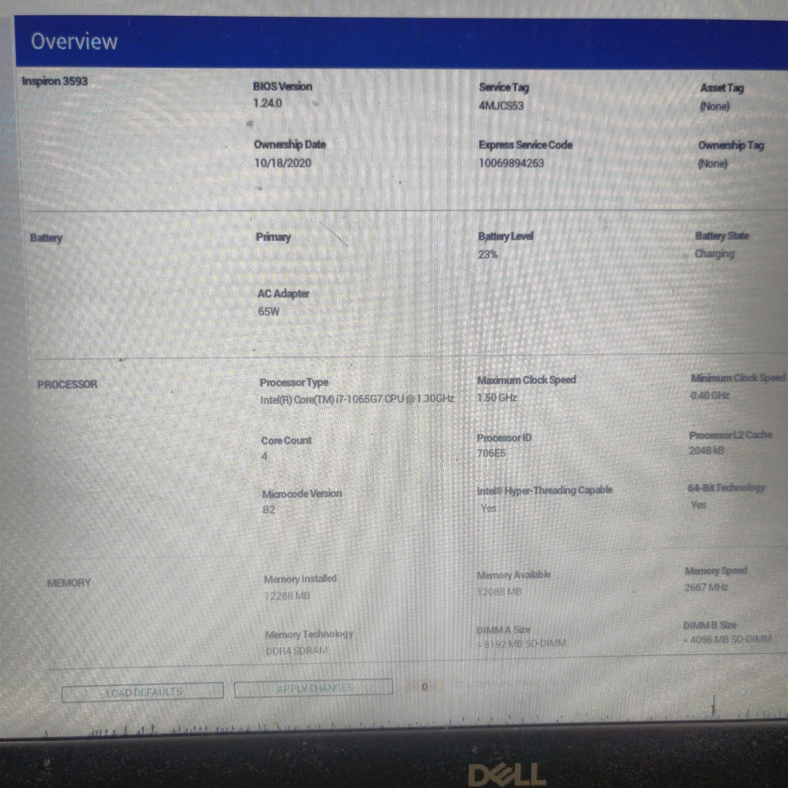 Dell Inspiron 3593 15.6″ i7-1065G7 12GB DDR4 NO SSD/OS/AC FOR PARTS BAD LCD
