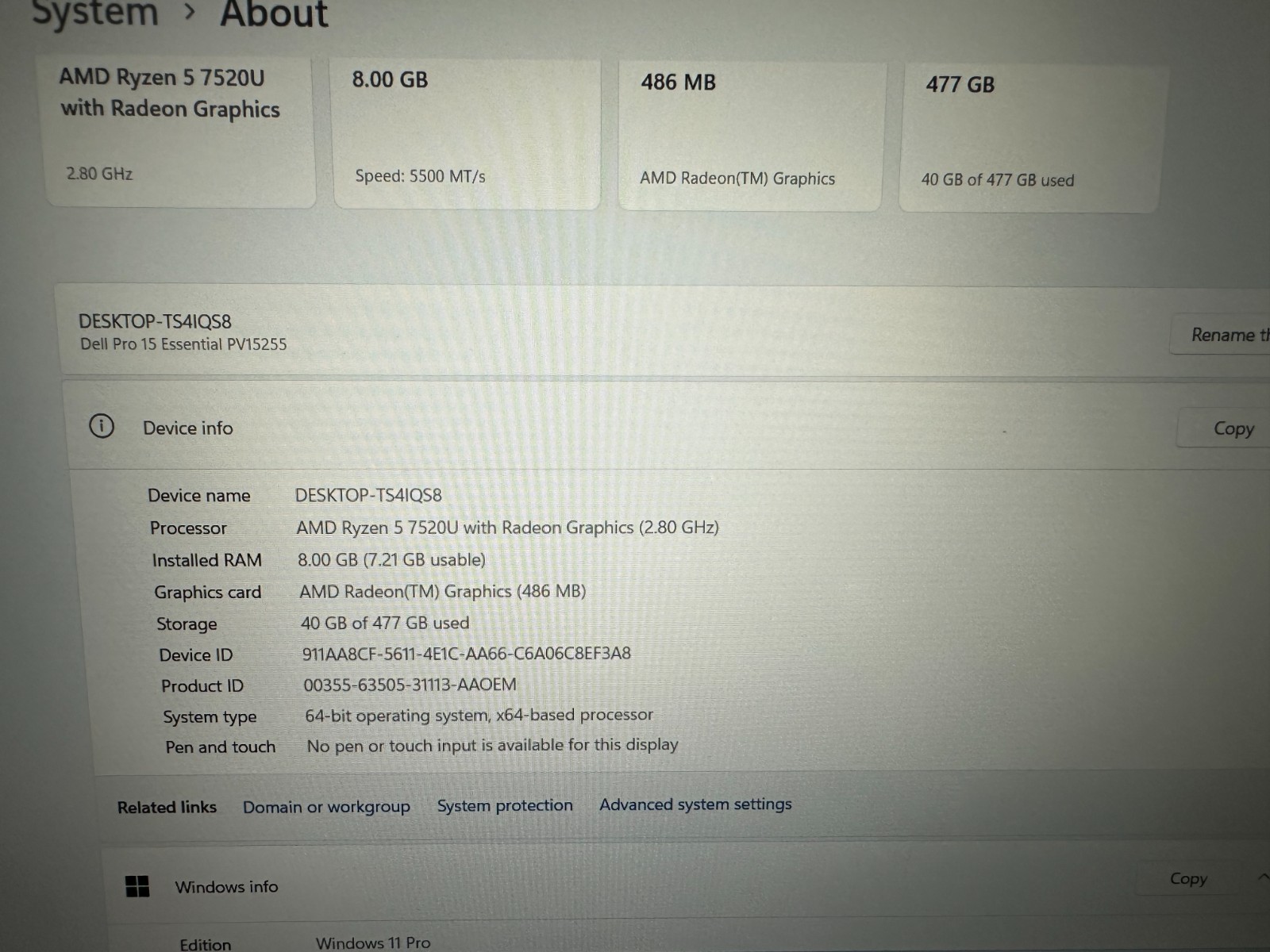 DELL PRO 15 LAPTOP AMD RYZEN 5 7520u @ 2.80GHZ 8GB RAM 588GB SSD (lp713)
