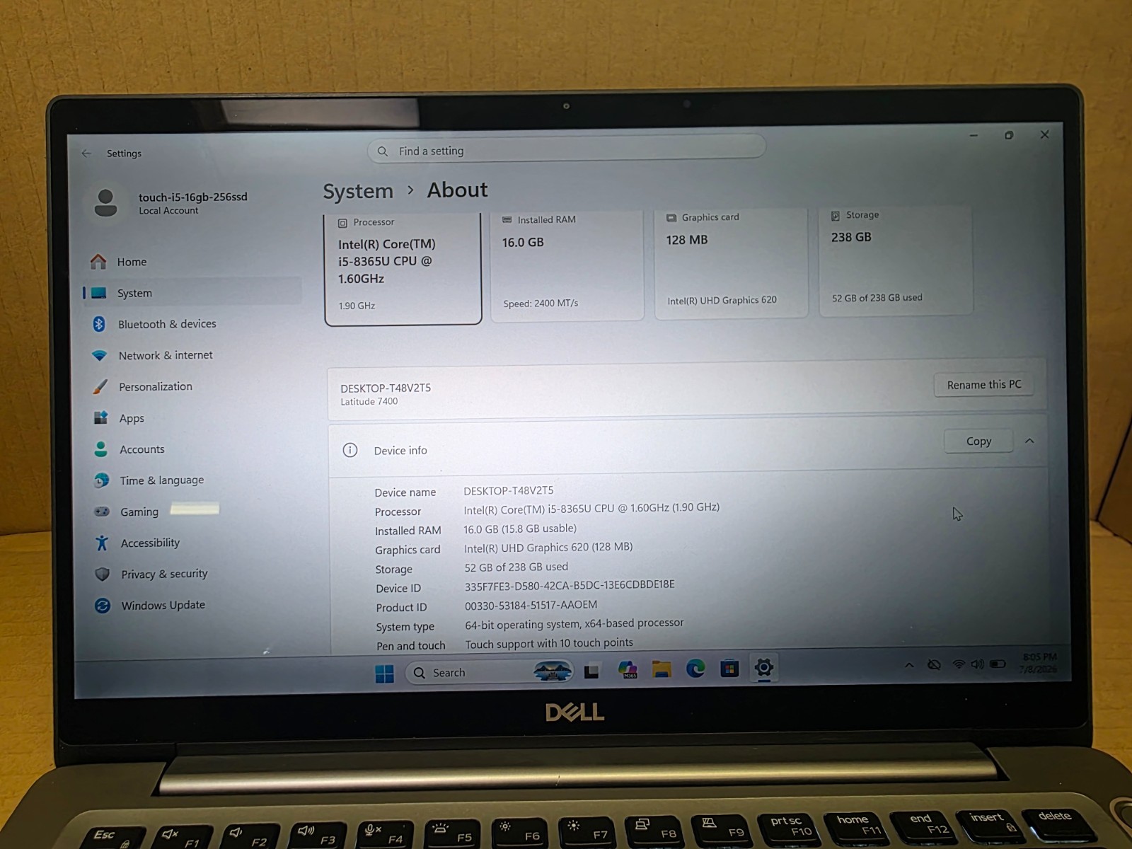 Dell Latitude 7400 14.0″ i5-8365U @ 16GB RAM 256GB SSD TOUCH LAPTOP (SILVER)