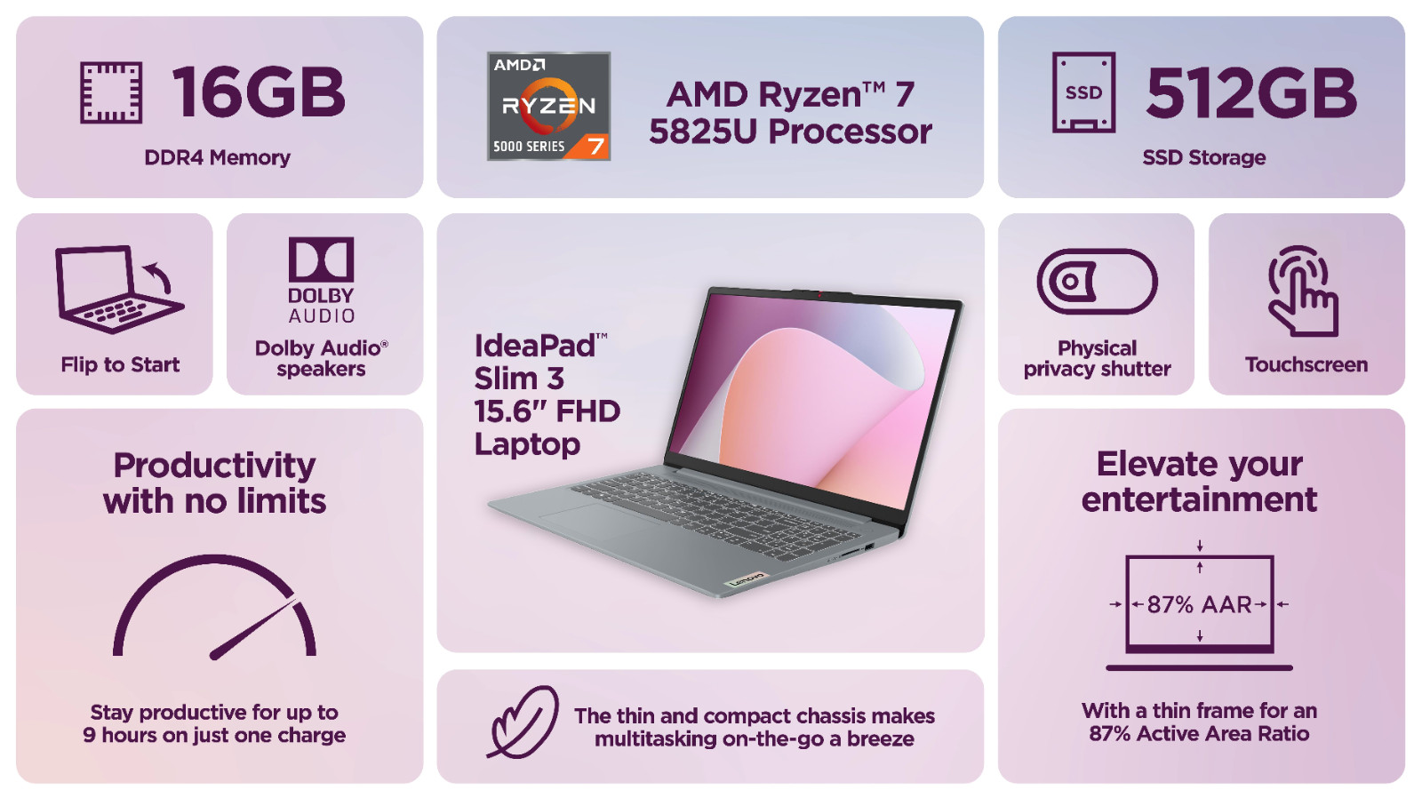 2026 Lenovo Slim 3 Business Laptop 15.6″ Office Ryzen 7 16GB RAM 512GB SSD Touch