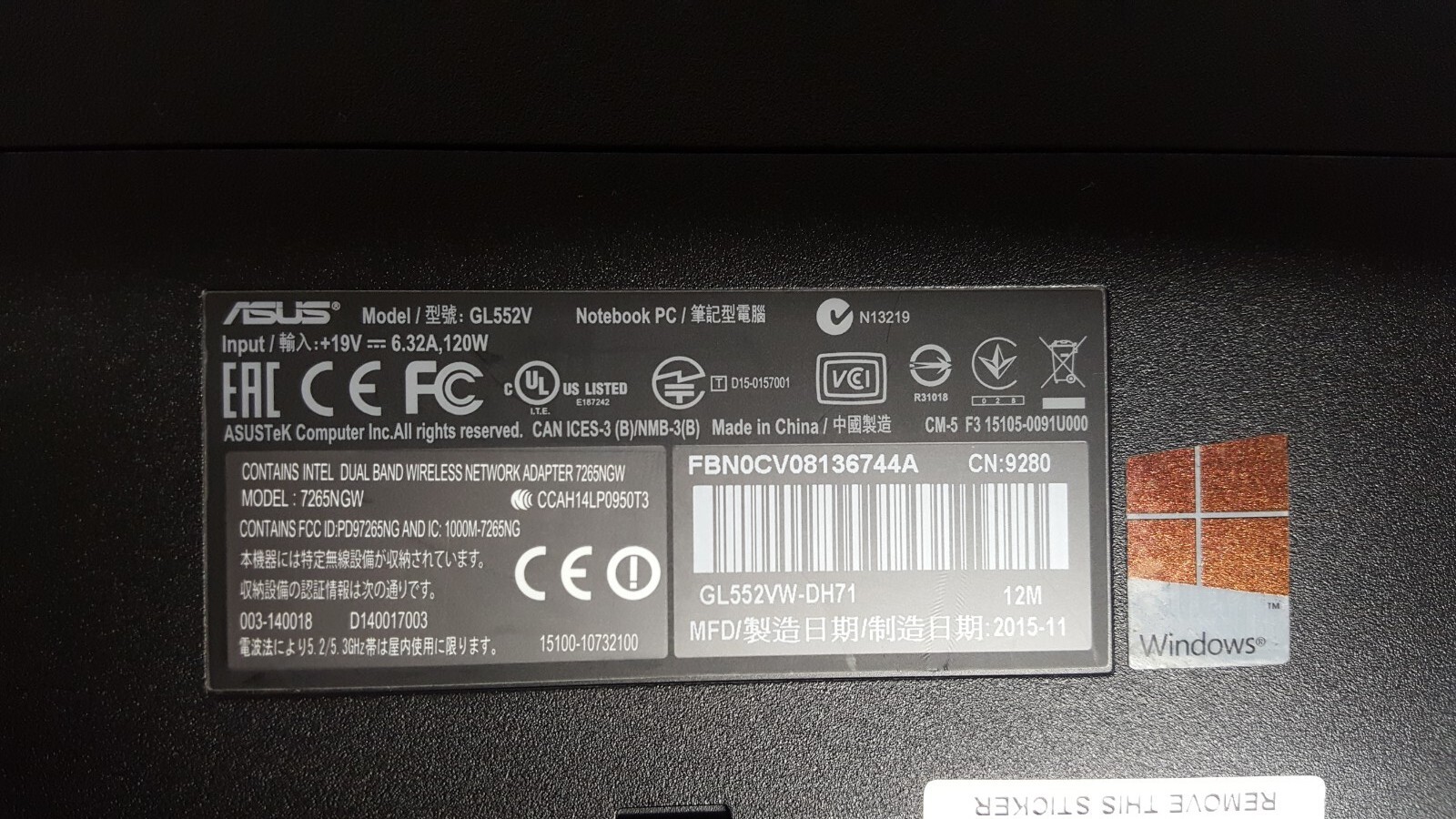 Asus GL552VW Gaming Laptop, Intel core I7-6700HQ CPU @2.6Hz 8GB RAM
