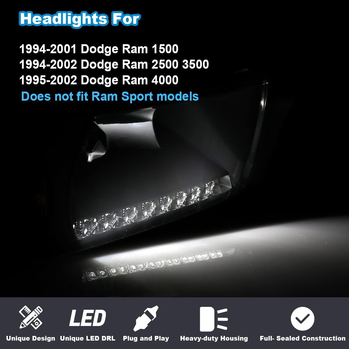 Headlights Assembly for 1994-2001 Dodge Ram 1500 2500 3500, 1995-2002 Dodge Ram