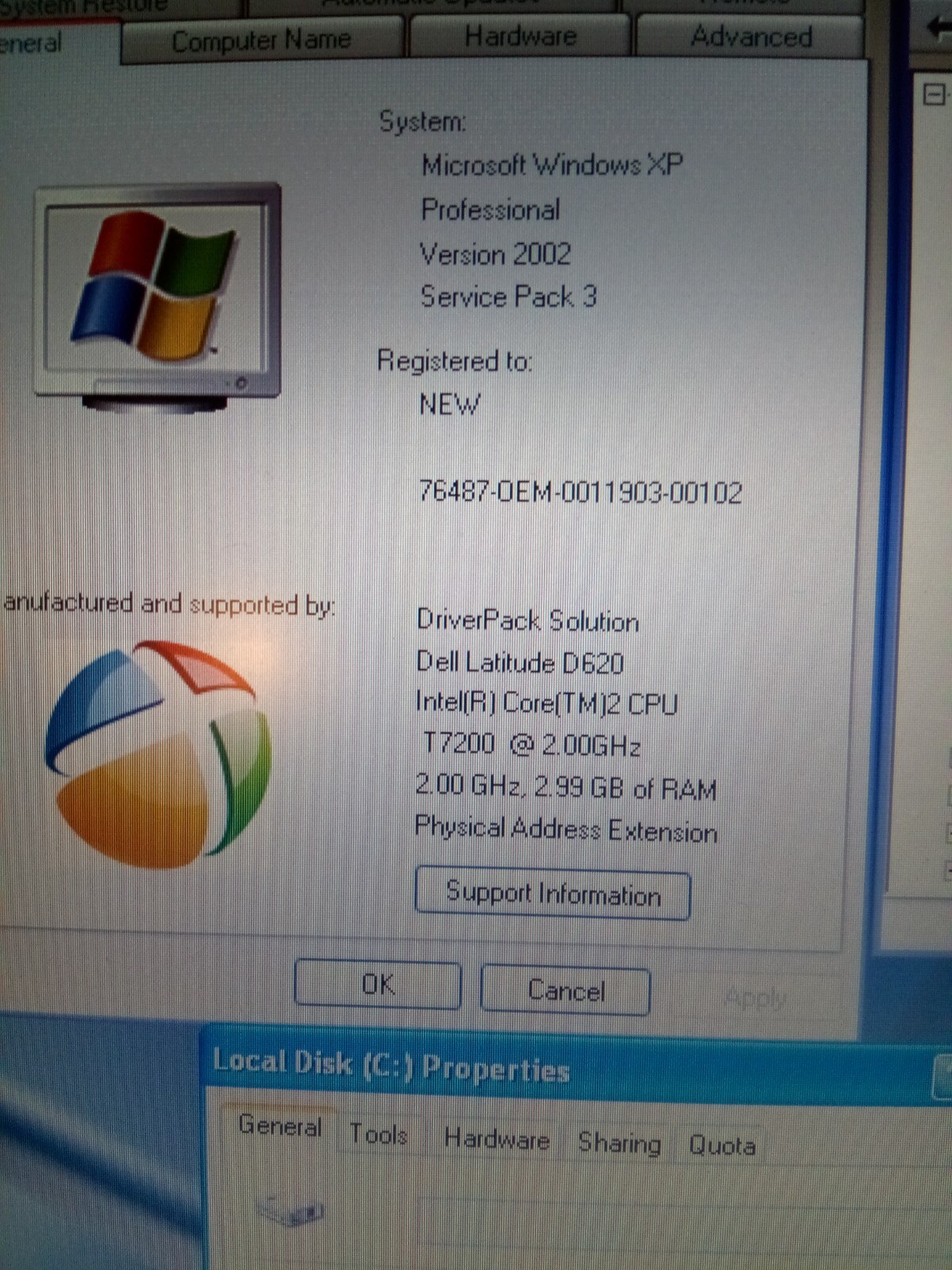 DELL LATITUDE D620 T7200 2.00GHZ 3GBRAM 500GBHDD WINXPSP/3 1440×900 office2007