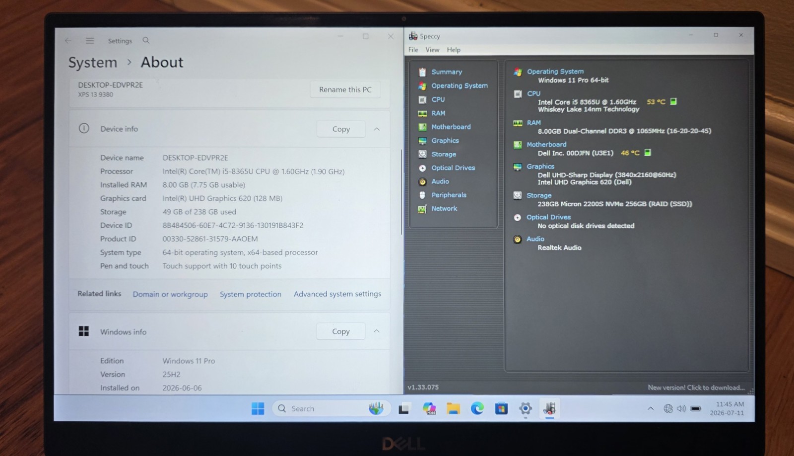 Dell XPS 13 9380 13″ 4K Touch | i5 8365u | 8GB Ram | 256 SSD | Win11Pro