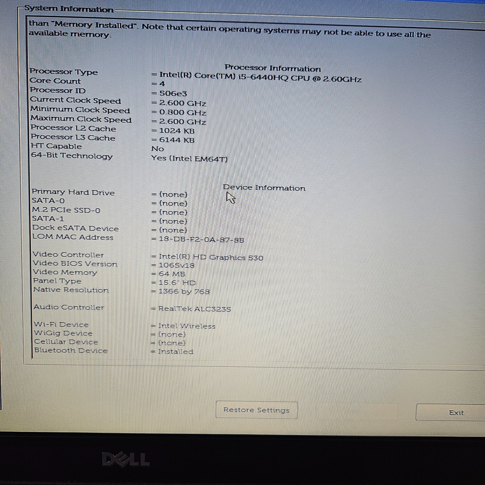 Dell Latitude E5570 15.5″ I5-6440HQ 16GB RAM NO SSD/OS W 65 W Charger