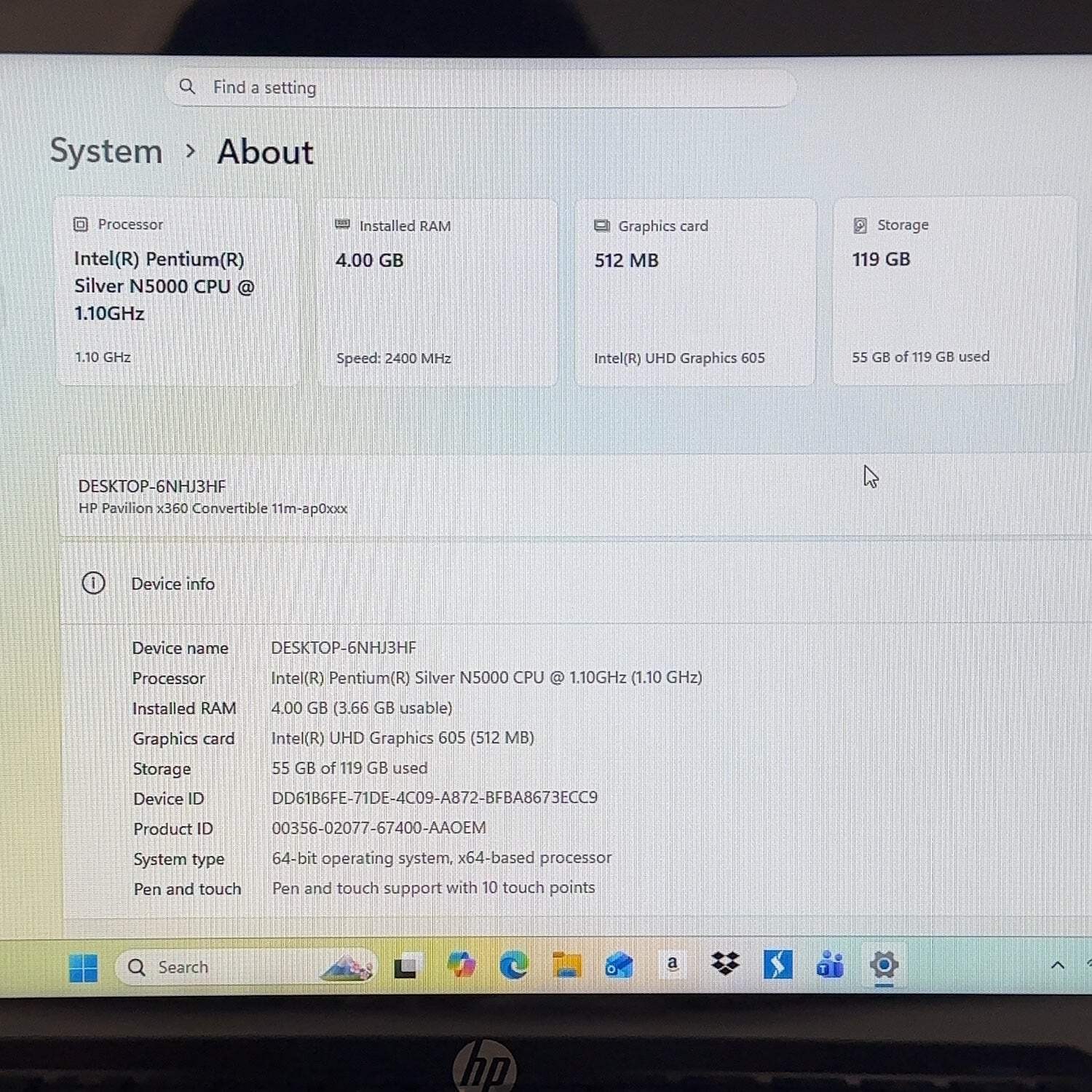 HP ProBook x360 11m-ap0013dx 11.6″ Pentium Silver N5000 1.1GHz 4GB RAM 128GB SSD