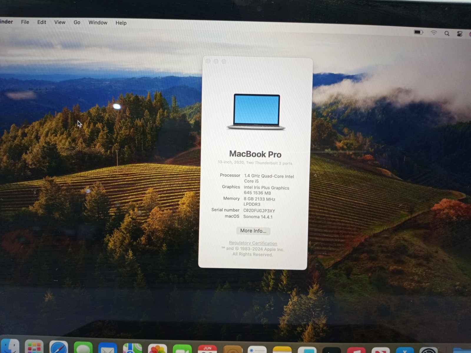 Apple MacBook Pro A2289 i5-8257U@1.40GHz 8GB RAM 256GB NVMe Mac OS Sonoma WH897!