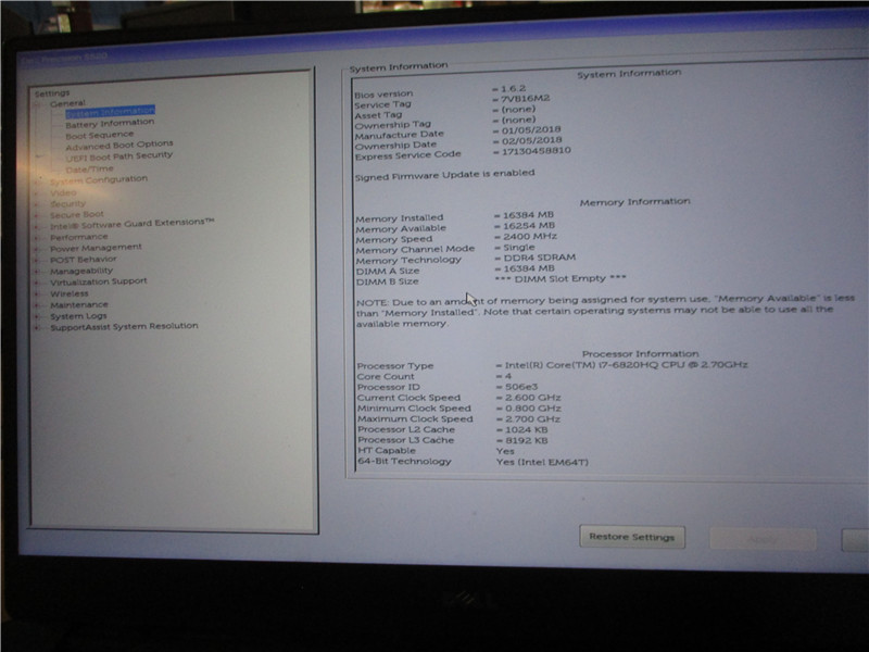Dell Precision 5520 Laptop i7-6820HQ 16GB No Storage Win10 Pro COA