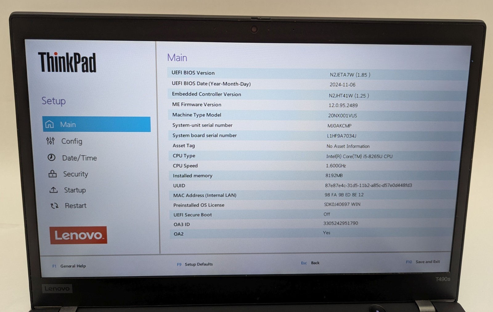 Incomplete Lenovo ThinkPad T490s 14″ Laptop Intel i5-8265U 1.60GHz 8GB RAM
