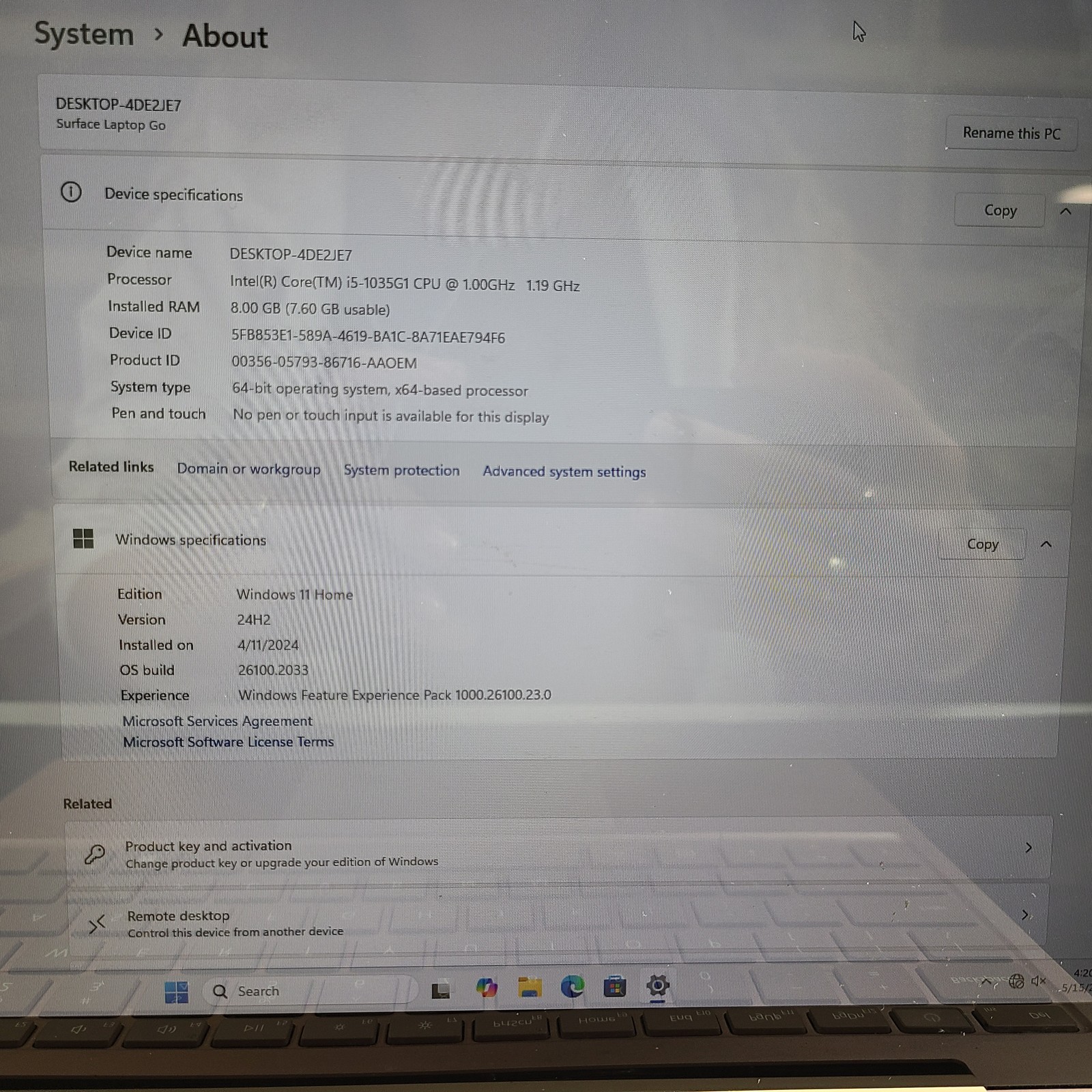 Surface Laptop Go 1943 – 12.4″ – i5-1035G1 CPU @ 1.00 GHz – 128GB SSD – 8GB RAM