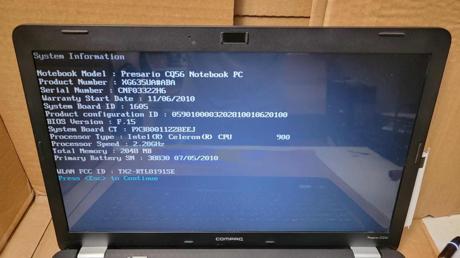 Compaq Presario CQ56 Intel Celeron 900 2.2GHz 2 GB RAM –Parts or Repair–