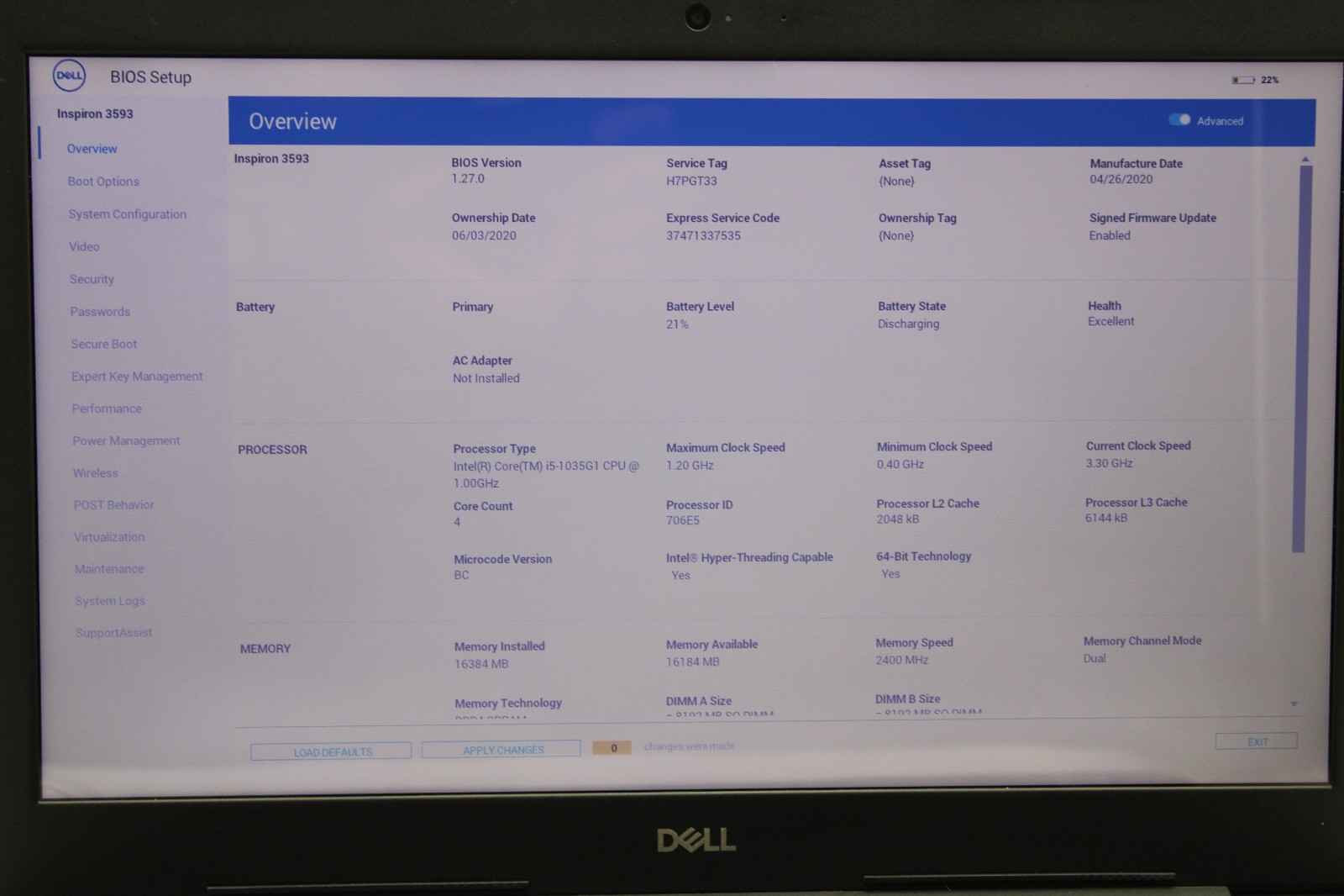 Dell Inspiron 3593 Touch i5-1035G1 16GB RAM No SSD No OS