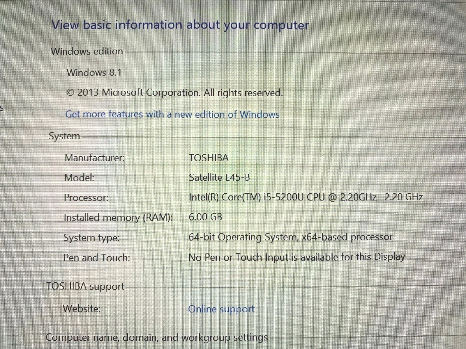 Toshiba Satellite E45-B Laptop, Intel Core i5-5200U, 6GB RAM, 800GB HDD, Win 8.1