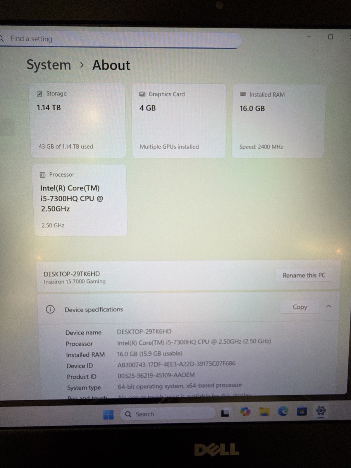 DELL INSPIRON 15 7000 GAMING i5-7300HQ@2.50GHz 16GB/256SSD/1TBSSHD/W11/GTX 1050