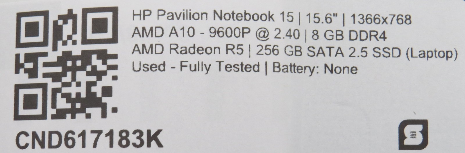 HP Pavilion A10-9600P @ 2.4GHz 8GB DDR4 256GB SSD 15.6″ No OS/Battery