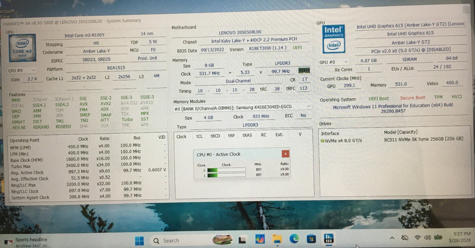 Lenovo ThinkPad 11e Yoga Gen 6 Touchscreen M3-8100Y 1.10GHz 8GB 256GB SSD Win 11