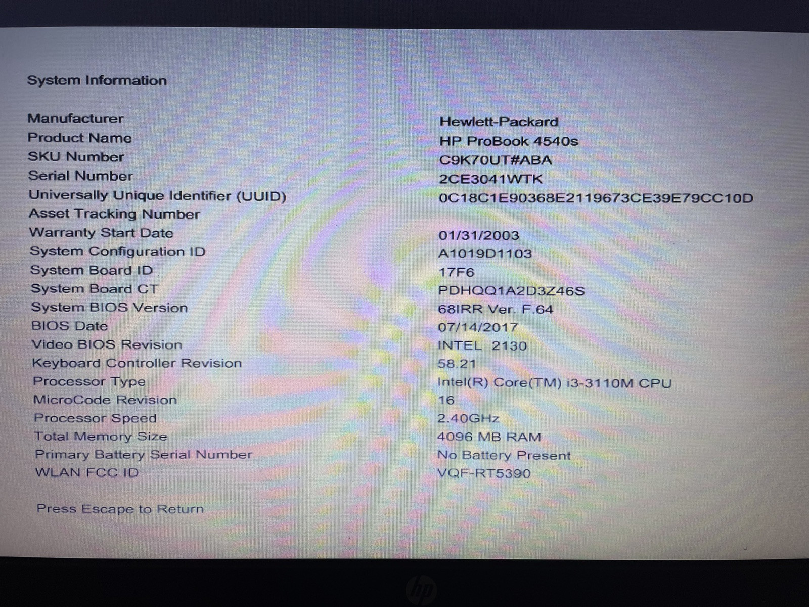 HP Probook 4540s 15.6″ 4gb RAM i3 3110m 2.4Ghz NO HDD