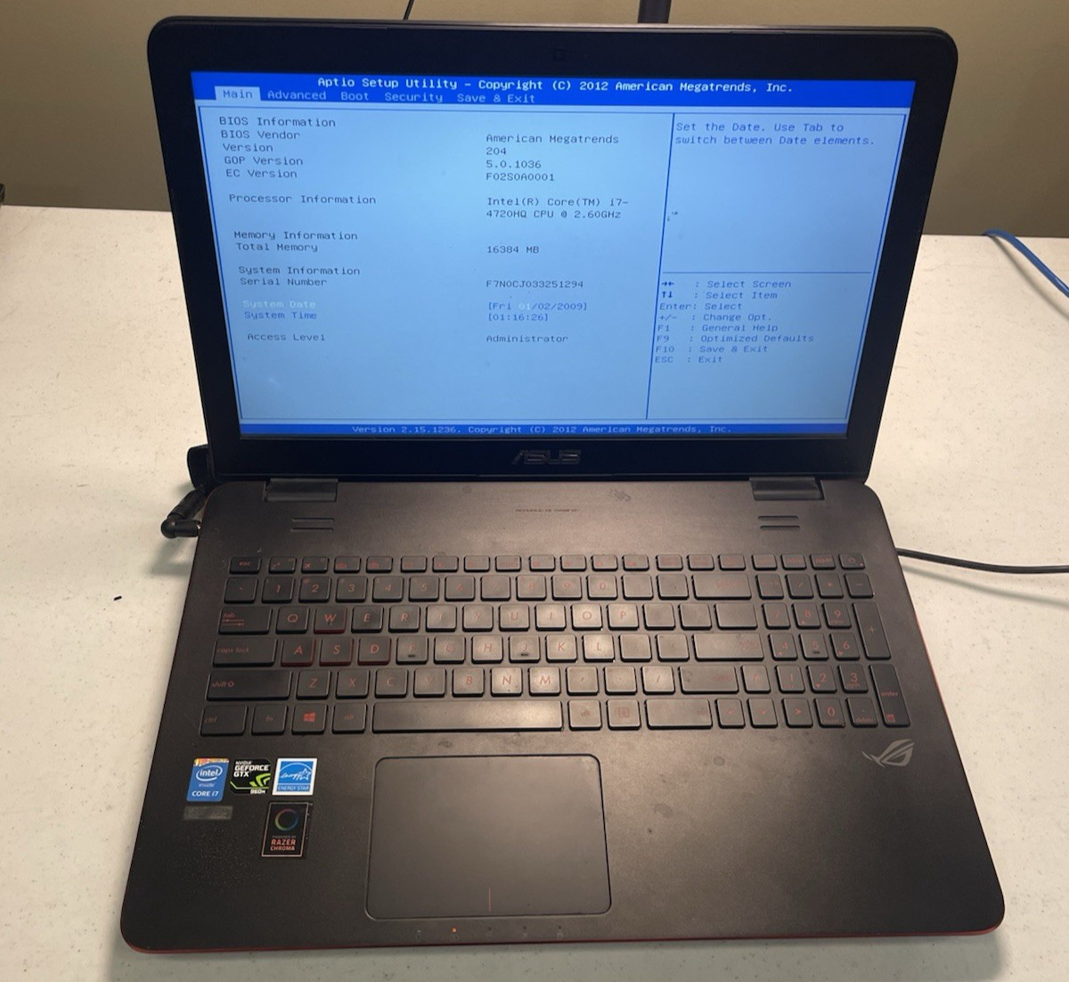 Asus ROG GL551J i7 4th Gen GTX960M 16GB RAM NO HDD FOR PARTS OR REPAIR