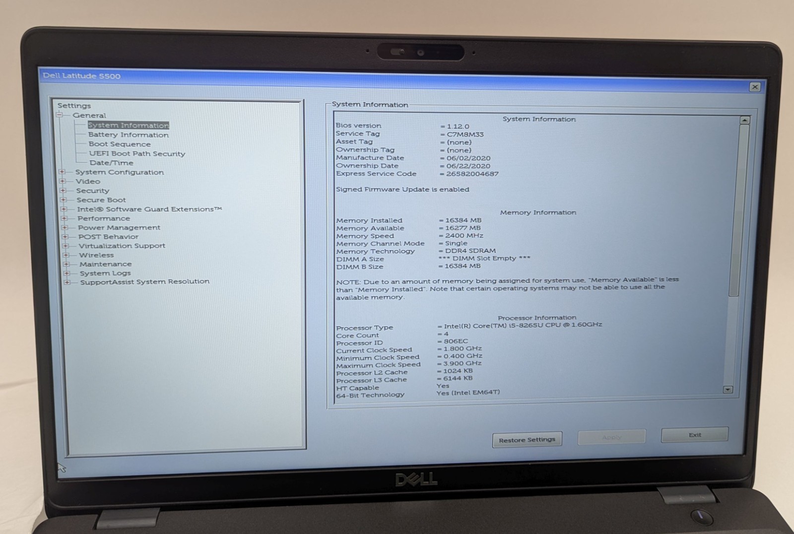 Incomplete Dell Latitude 5500 15.6″ Laptop Intel Core i5-8265U 1.60GHz 16GB RAM