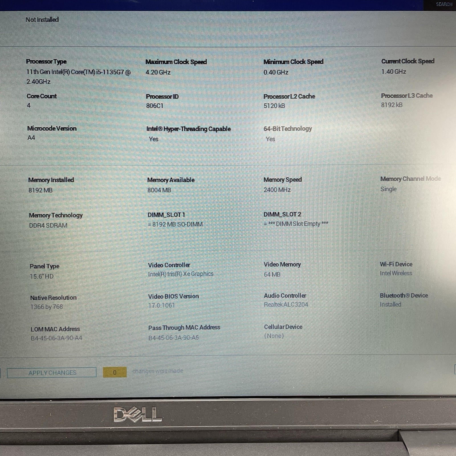 Dell Latitude 3520 15.6″ i5-1135G7 2.40 Ghz 8 GB RAM No SSD/OS/AC