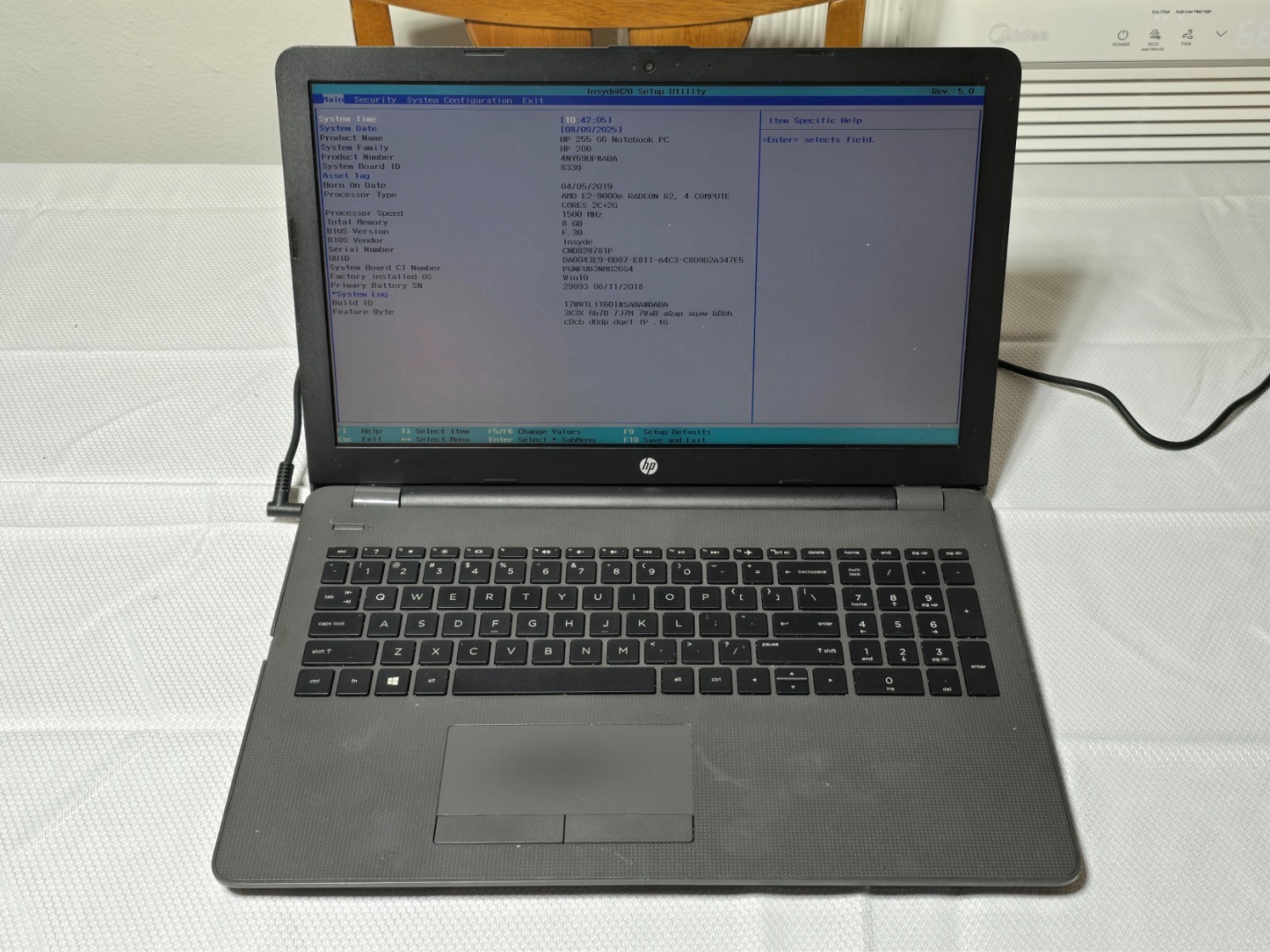 HP 255 G6 15.6 inch Boots to bios
