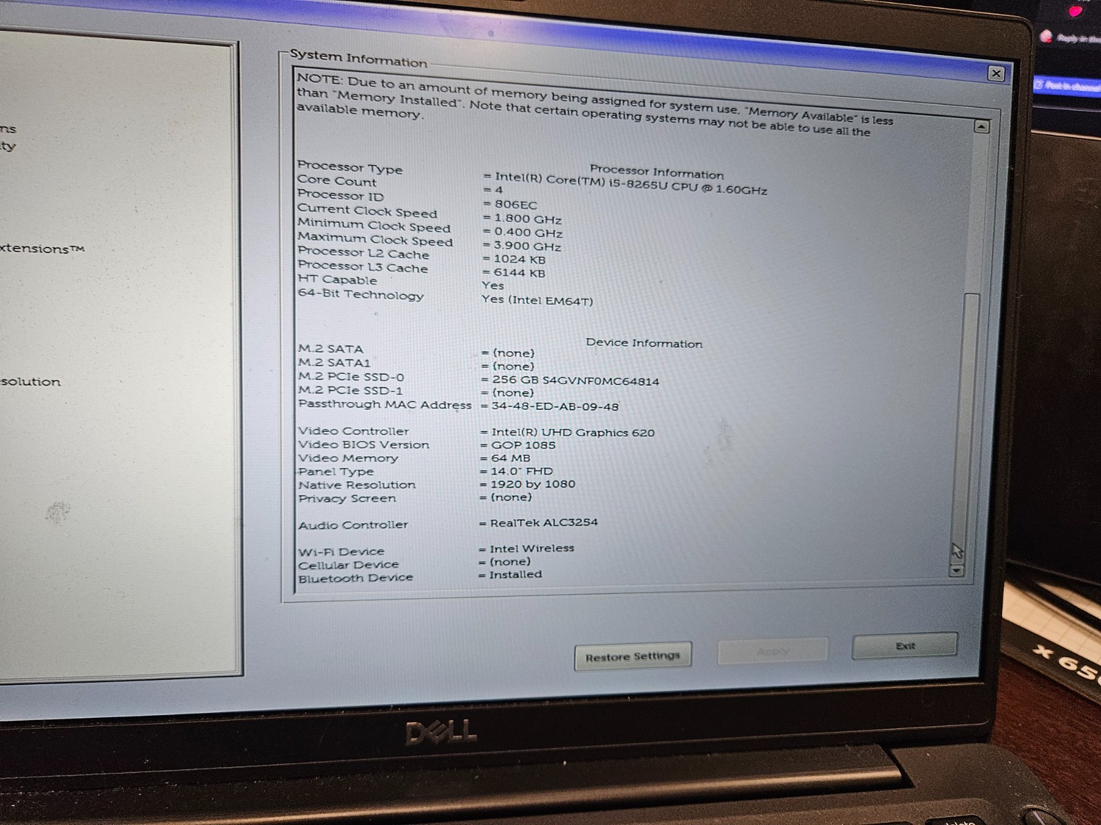 Dell Latitude 7400 14 inch 256GB ssd Intel Core i5 8th Gen 1.60GHz 8GB ram win11