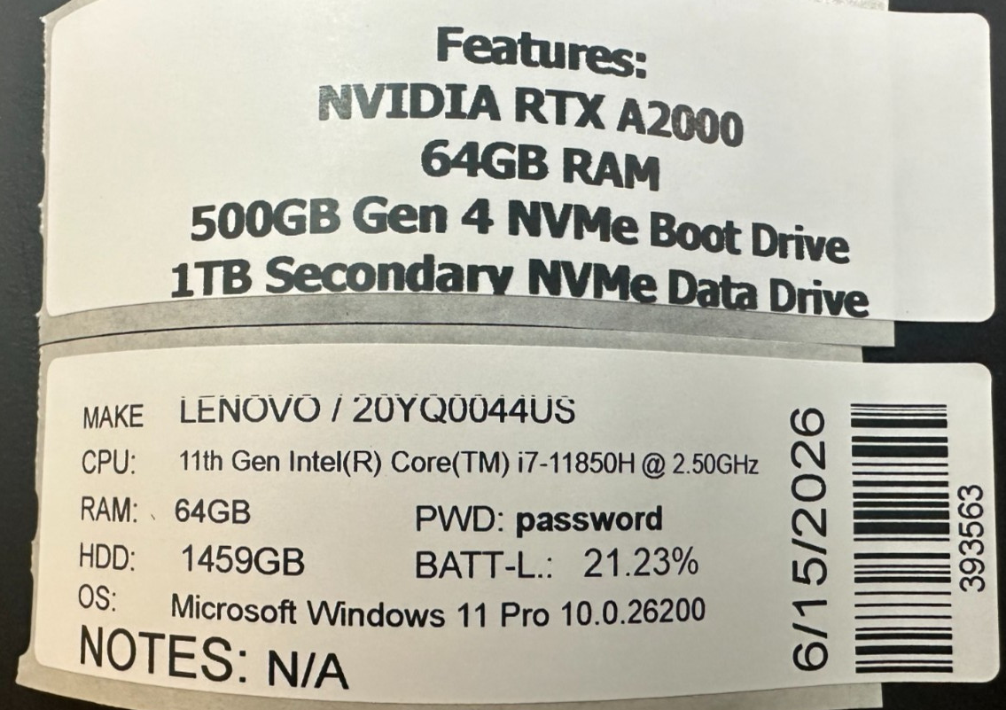 LENOVO THINKPAD P15 GEN 2 LAPTOP CORE i7-11850h @ 2.50GHZ 64GB RAM 1.5TB SSD
