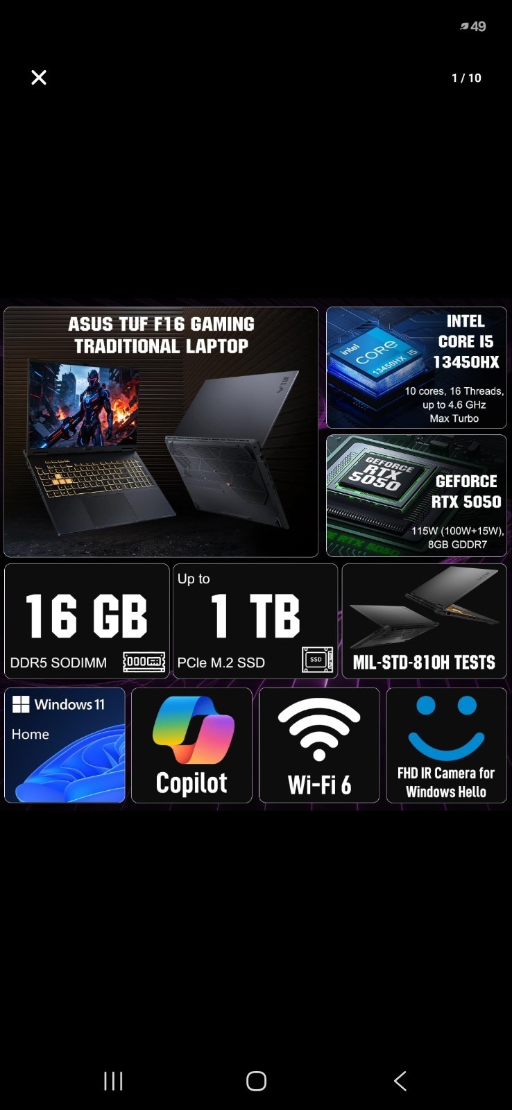 ASUS TUF F16 5050, i5-13450HX, 16″ 165Hz,GeForce RTX 5050, 16GB DDR5, 1TB SSD