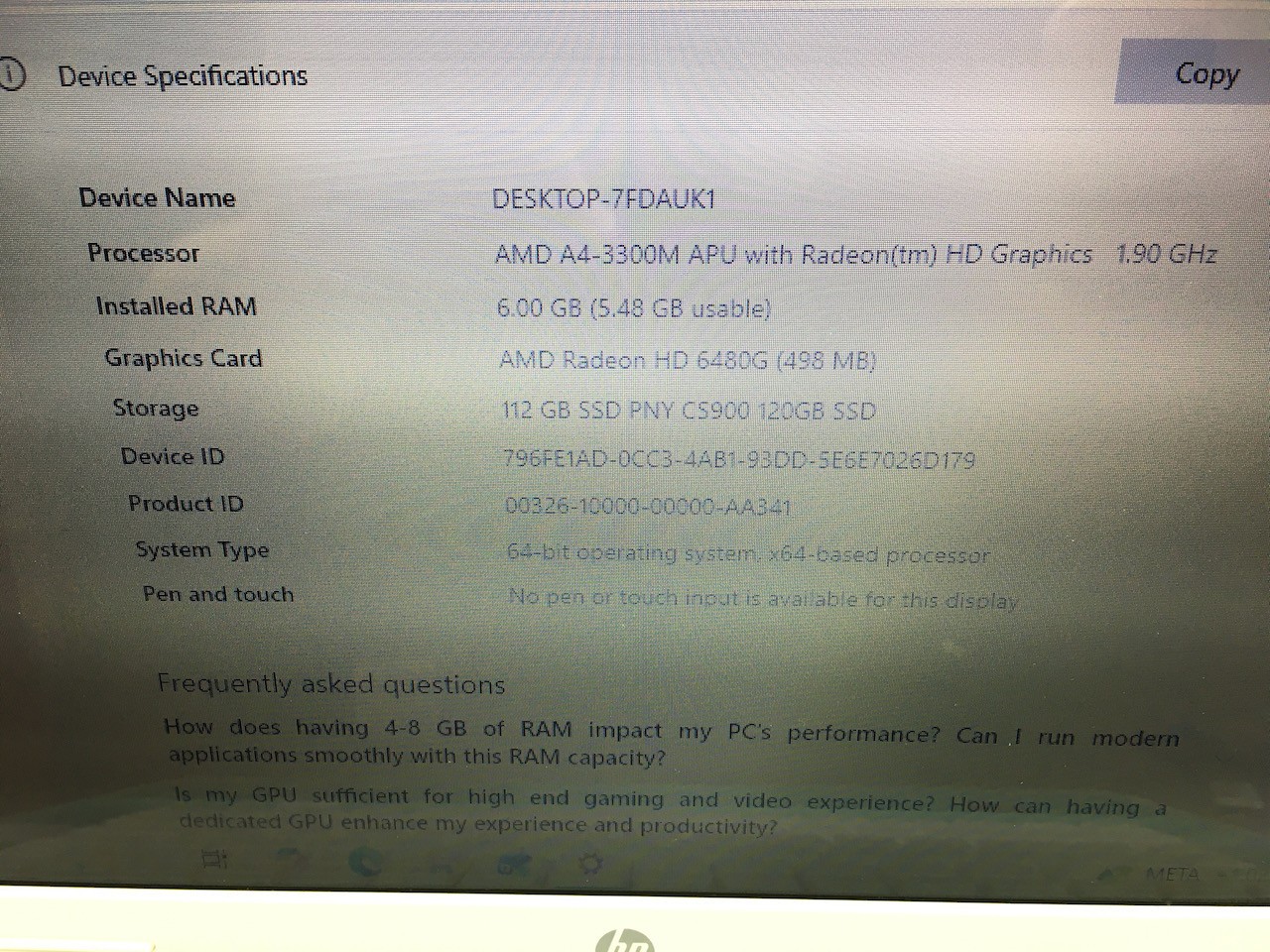 HP Pavilion G6 AMD A4-3300M 1.90GHz 6GB 120GB SSD [ Flowers ] Windows 10