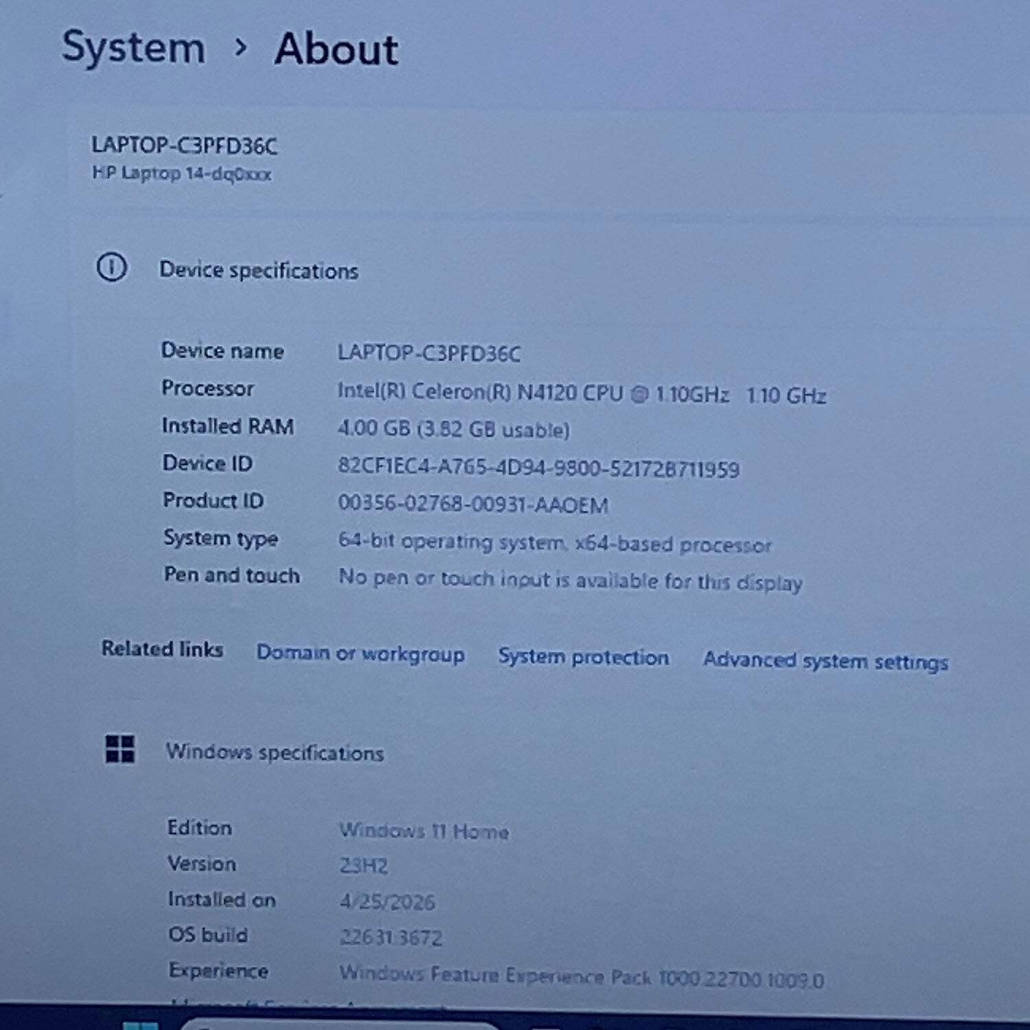 HP Laptop 14-DQ0XXX 14″ Celeron N4120 1.1GHz 4GB RAM 64GB SSD