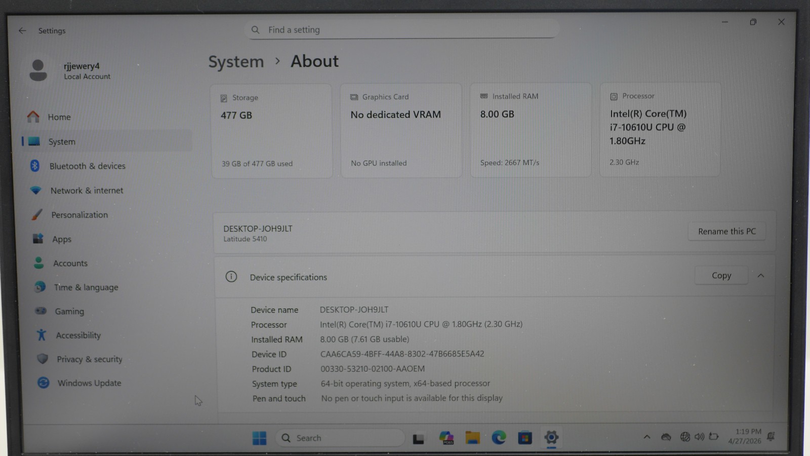 Dell Latitude 5410 14″ 512GB 1.8GHz 8GB RAM Intel Core i7 10th Gen