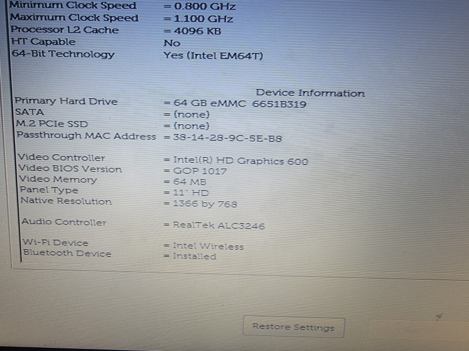 Dell Latitude 3190 Intel® Celeron® N4120 CPU 42GB 64GB eMMC