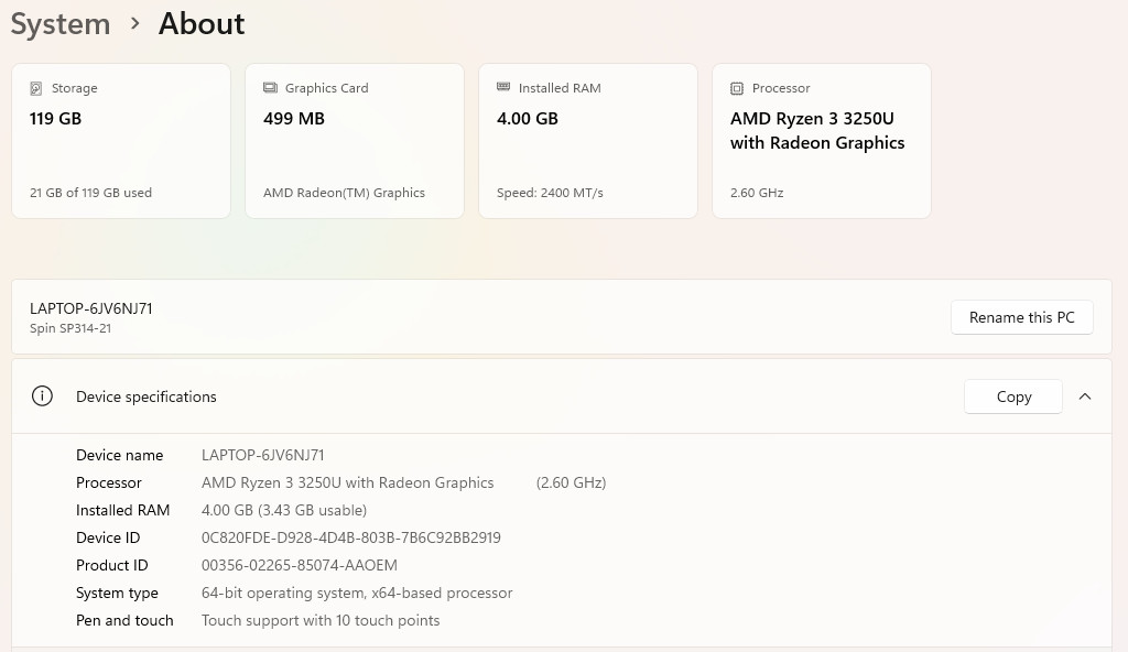 Acer Spin 3 SP314-21 TOUCH 14″HD Ryzen 3 3250U 2.6GHz 4GB 128GB SSD 100tt +PA