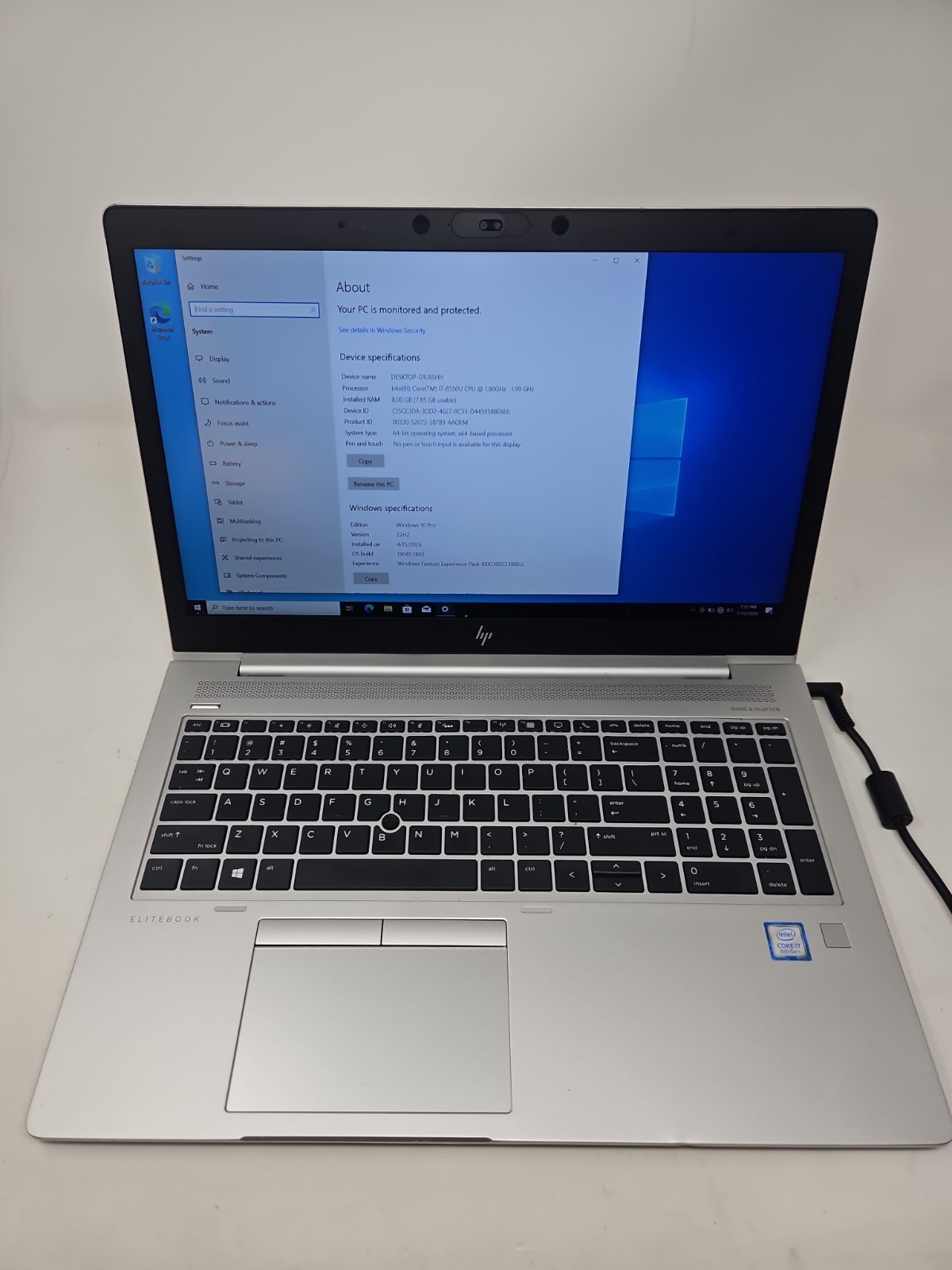 HP EliteBook 850 G5 15.6” Core i7-8550U 1.8GHz 8GB 256GB SSD Win 10 Pro