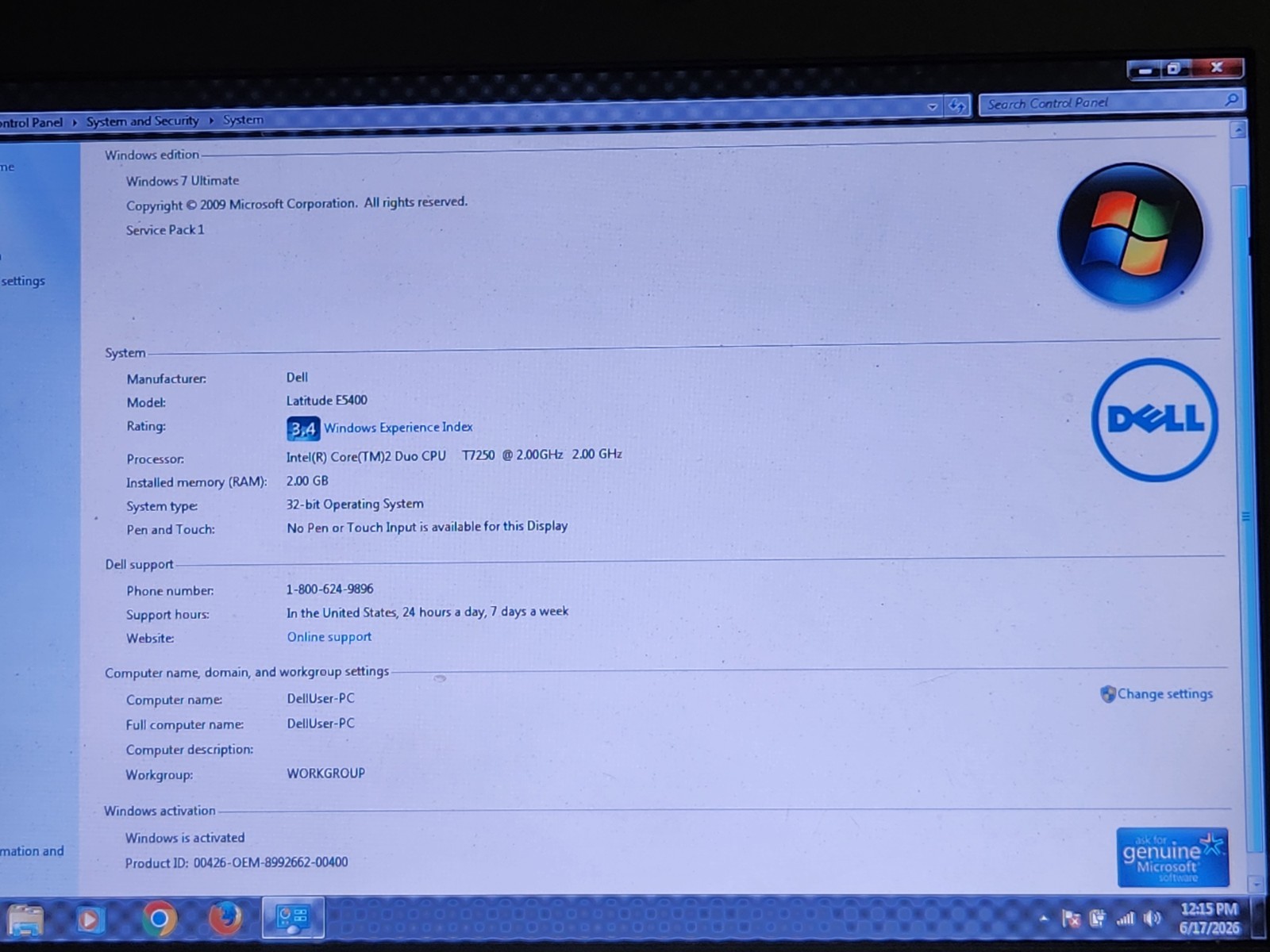 Dell Latitude E5400/C2D/2GB/120GB HD/Wi-Fi/ DVD/Win 7 Ultimate/Extended Battery