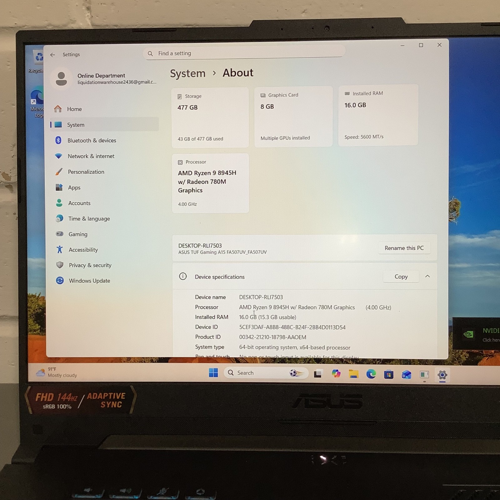 Asus TUF Gaming A15- 15.6″ FHD Ryzen 9 8945H- 8GB 512GB SSD