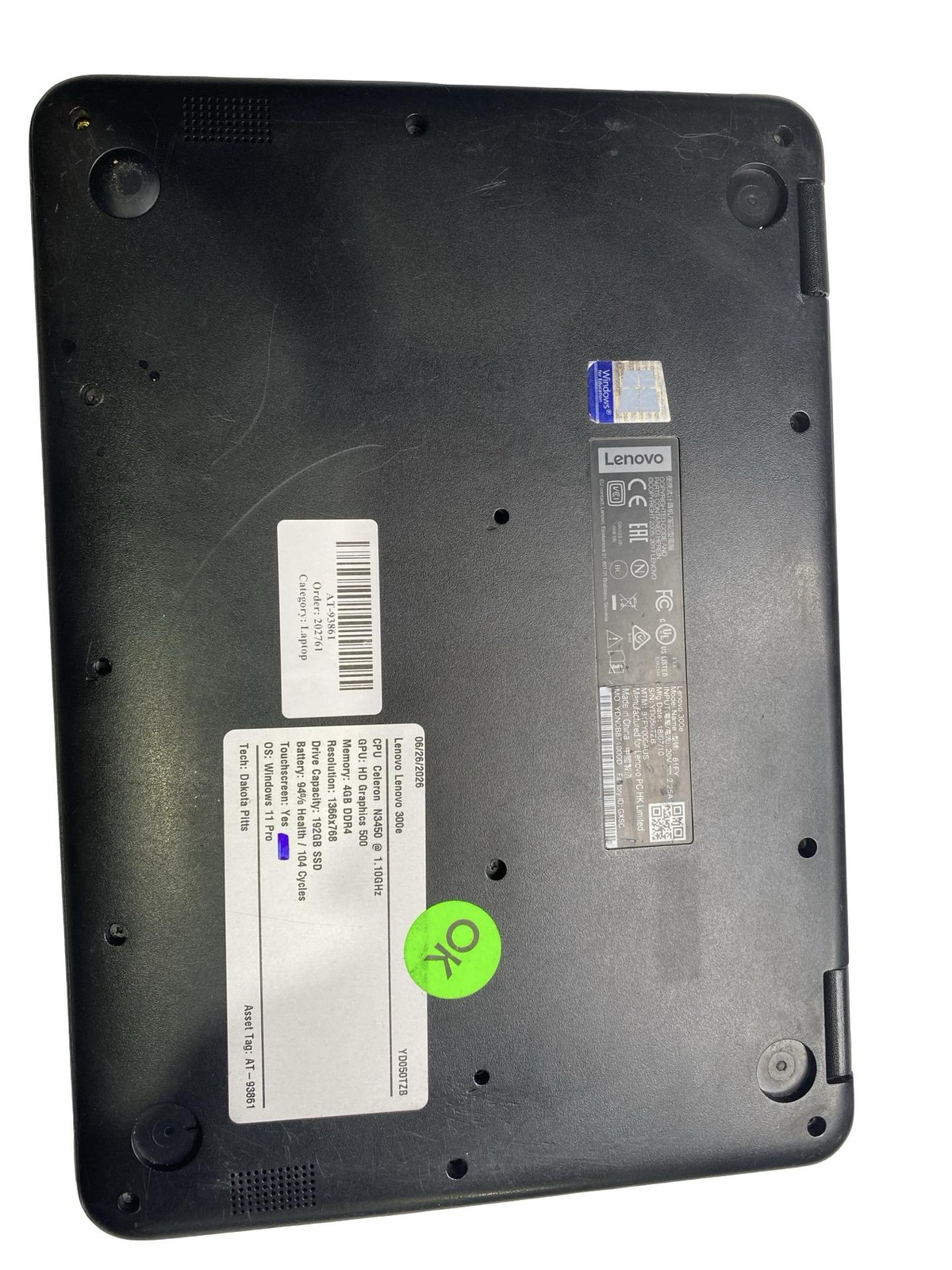 Lenovo 300e 81FY TS Celeron N3450 4GB 192GB Win11Pro Grade C Battery Inc