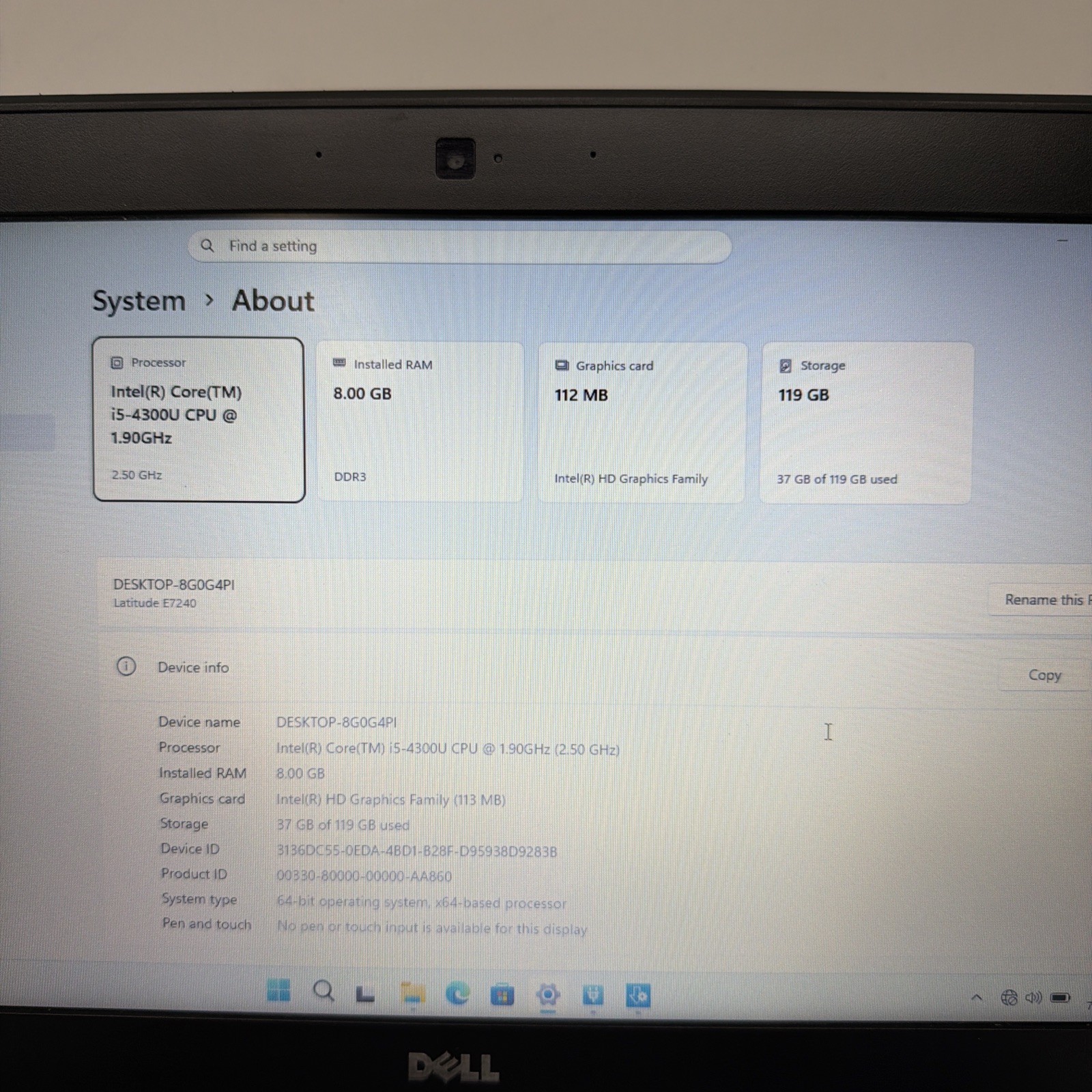 Dell Latitude E7240 i5-4300U 1.9GHz 8GB RAM 128GB SSD Win 11 Pro