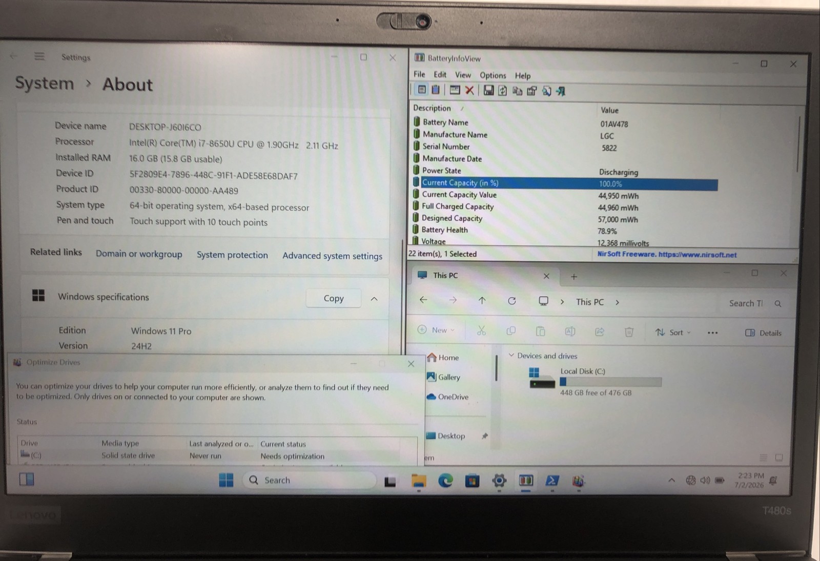 Lenovo Thinkpad T480s, Intel Core i7-8650U, 16GB RAM 500 GB SSD, Windows 11