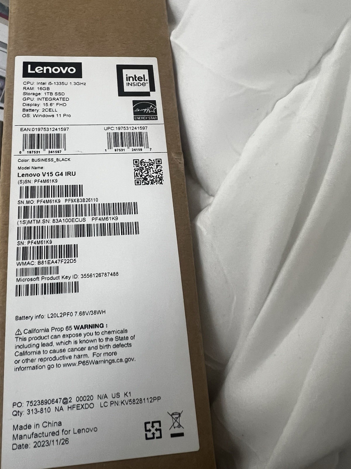 New open box- Lenovo V15 G4 IRU . RAM:16GB, Storage: 1TB SSD