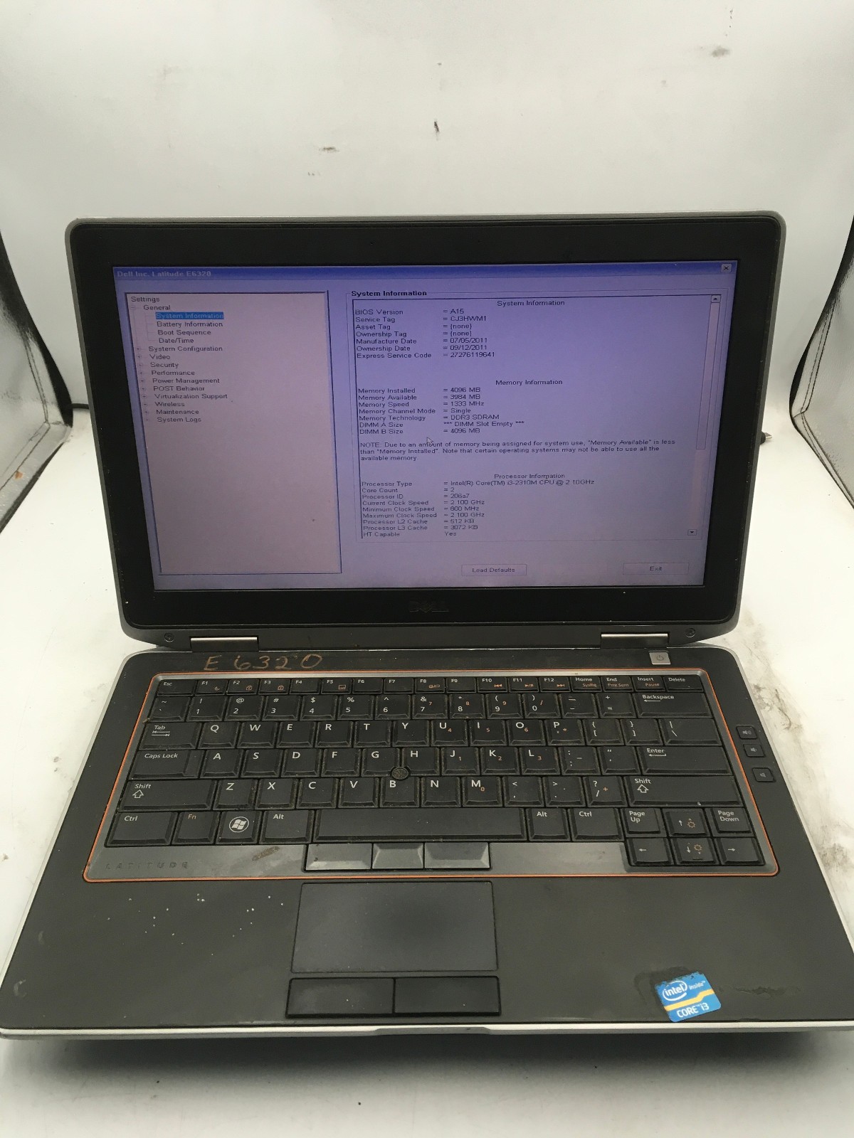 DELL LATITUDE E6320 – BOOTS TO BIOS – INTEL I3 2310M – NO RAM – READ DESC – BB