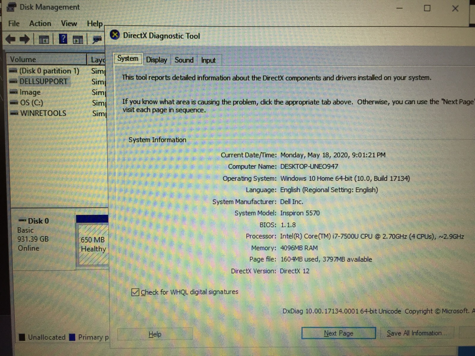 Dell inspiron 5570 15.6” HD Laptop/i7-7500U/20GB RAM(4GB+16GB)/1TB HDD/Win10