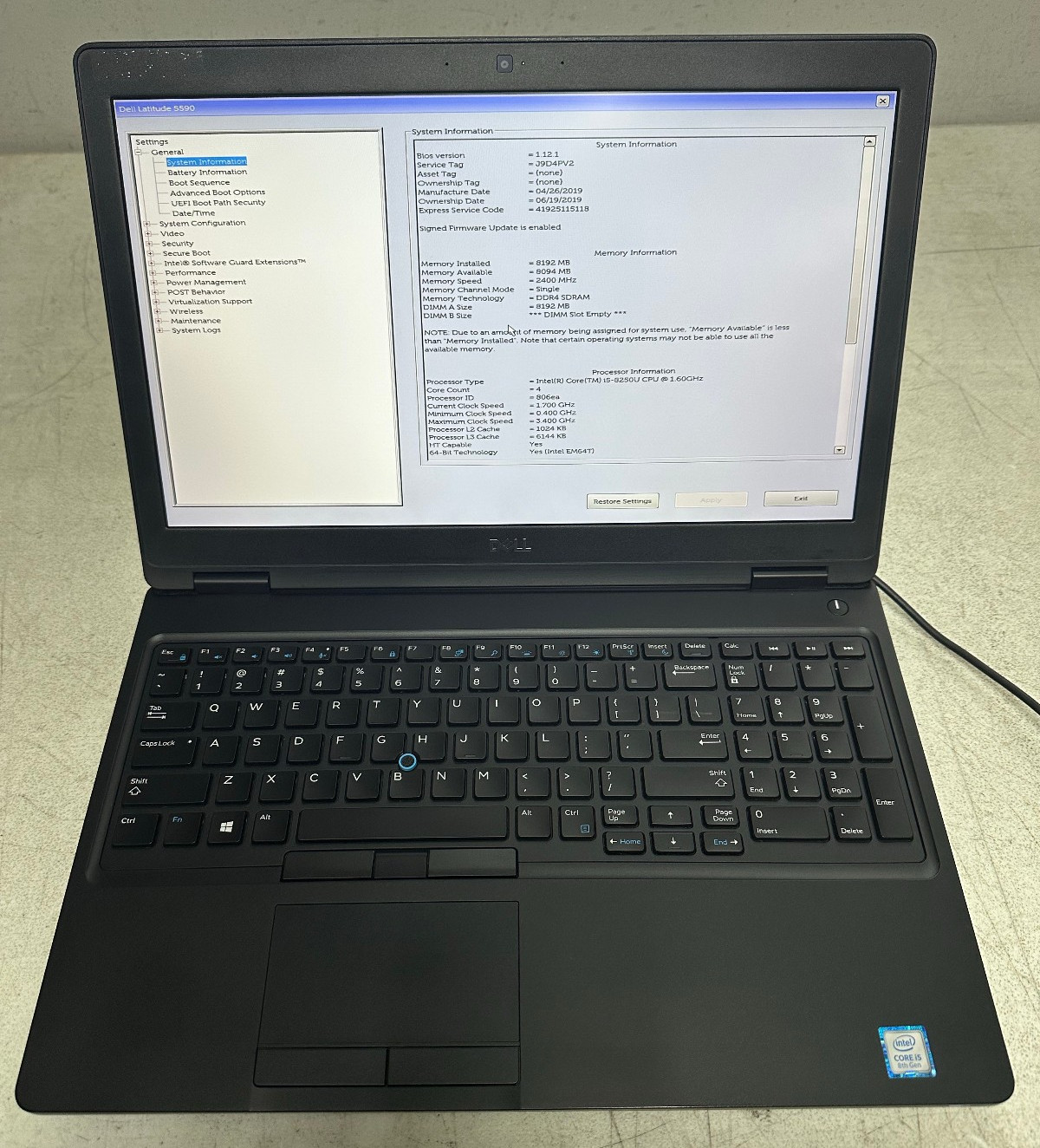 Dell Latitude 5590 15.6 FHD (i5-8250U @1.60, 8GB RAM, Boot To Bio) NO HD/ADAPTER