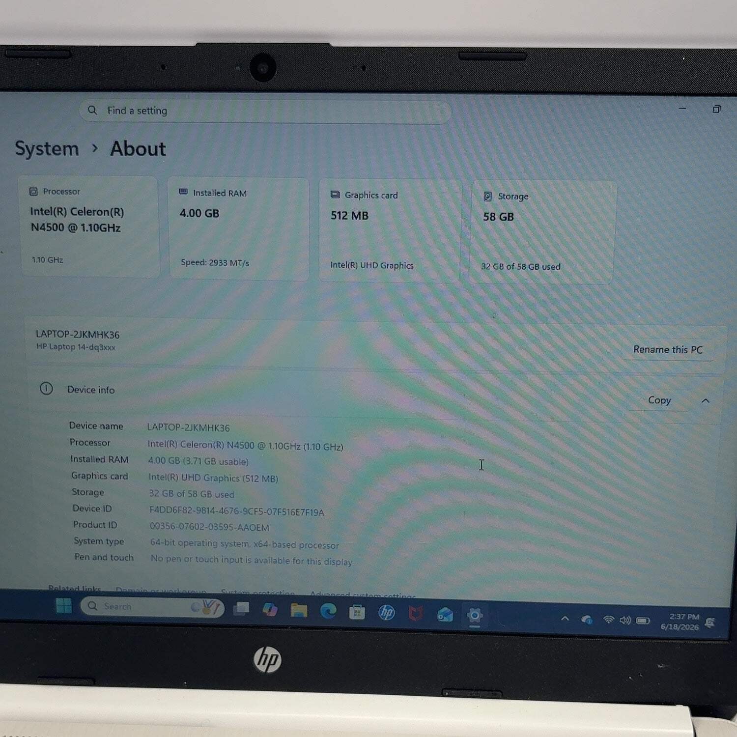 HP Laptop 14-DQ3000DX 14″ Celeron N4500 1.1GHz 4GB RAM 64GB SSD