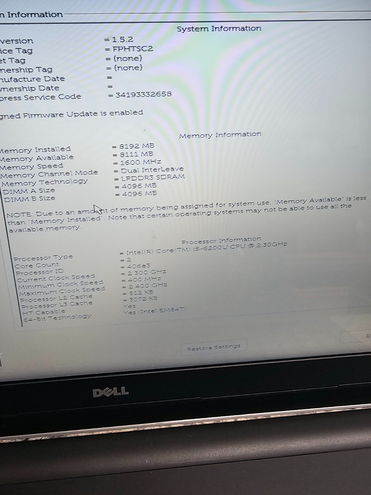 Dell INSPIRON 15 5559 5000 Series Laptop i5-6200U 2.30GHz 8GB RAM Clean NO HD/OS