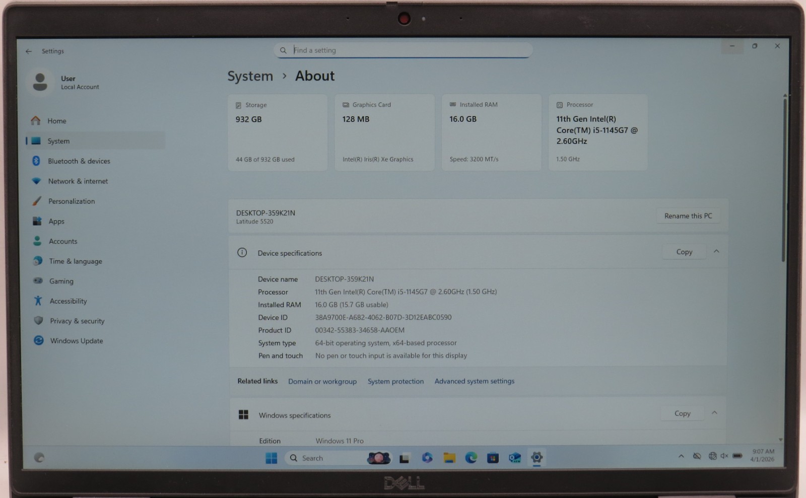 Dell Latitude 5520 i5-1145G7 @ 1.50GHz 16GB DDR4 1TB M2 Win 11 Pro