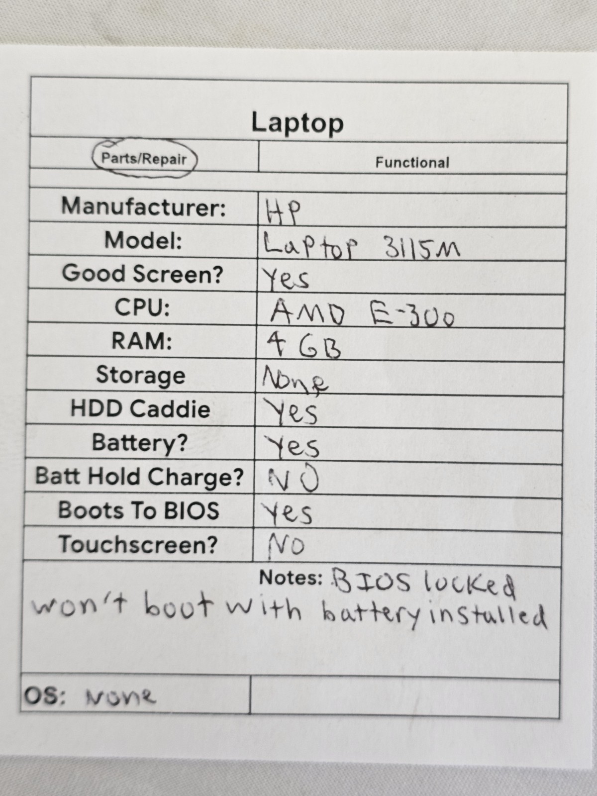 HP 3115M Laptop – AMD E-300 – 4GB RAM – BIOS LOCKED – NO HDD/OS – Parts – READ