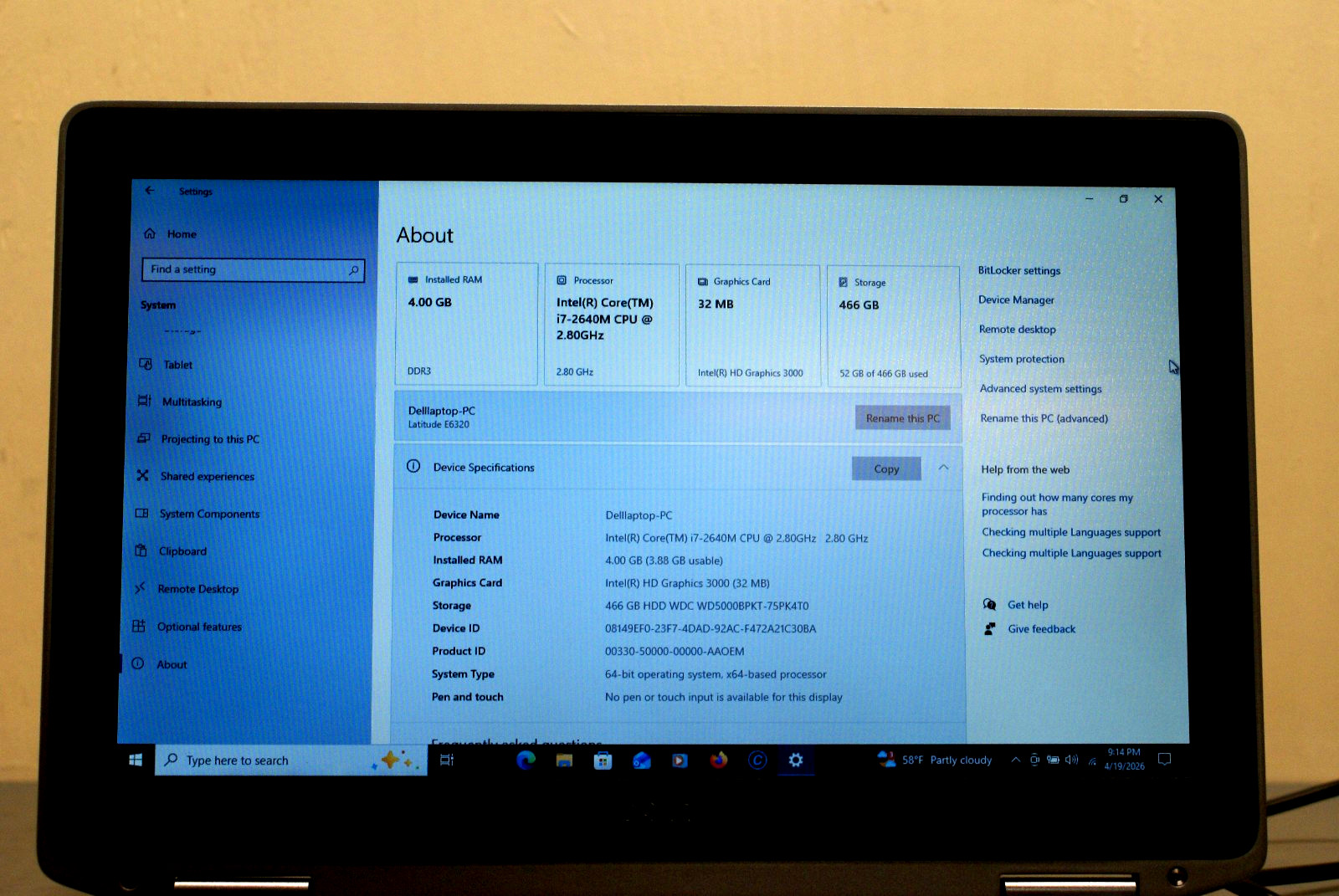 Dell Latitude E6320 Core i7-2640M CPU @ 2.80GHz, 4GB RAM , 500GB Win 10 Pro 2B
