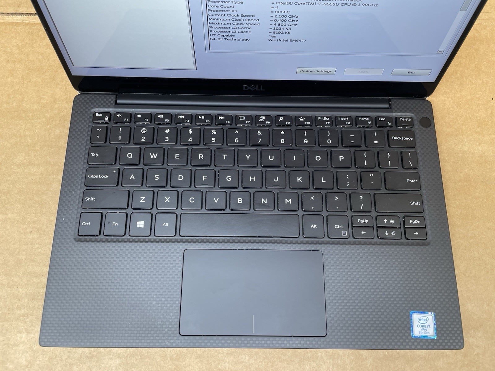 Dell XPS 13 9380, Intel Core i7-8665U @ 1.90GHz, 16GB RAM, NO SSD, No OS,