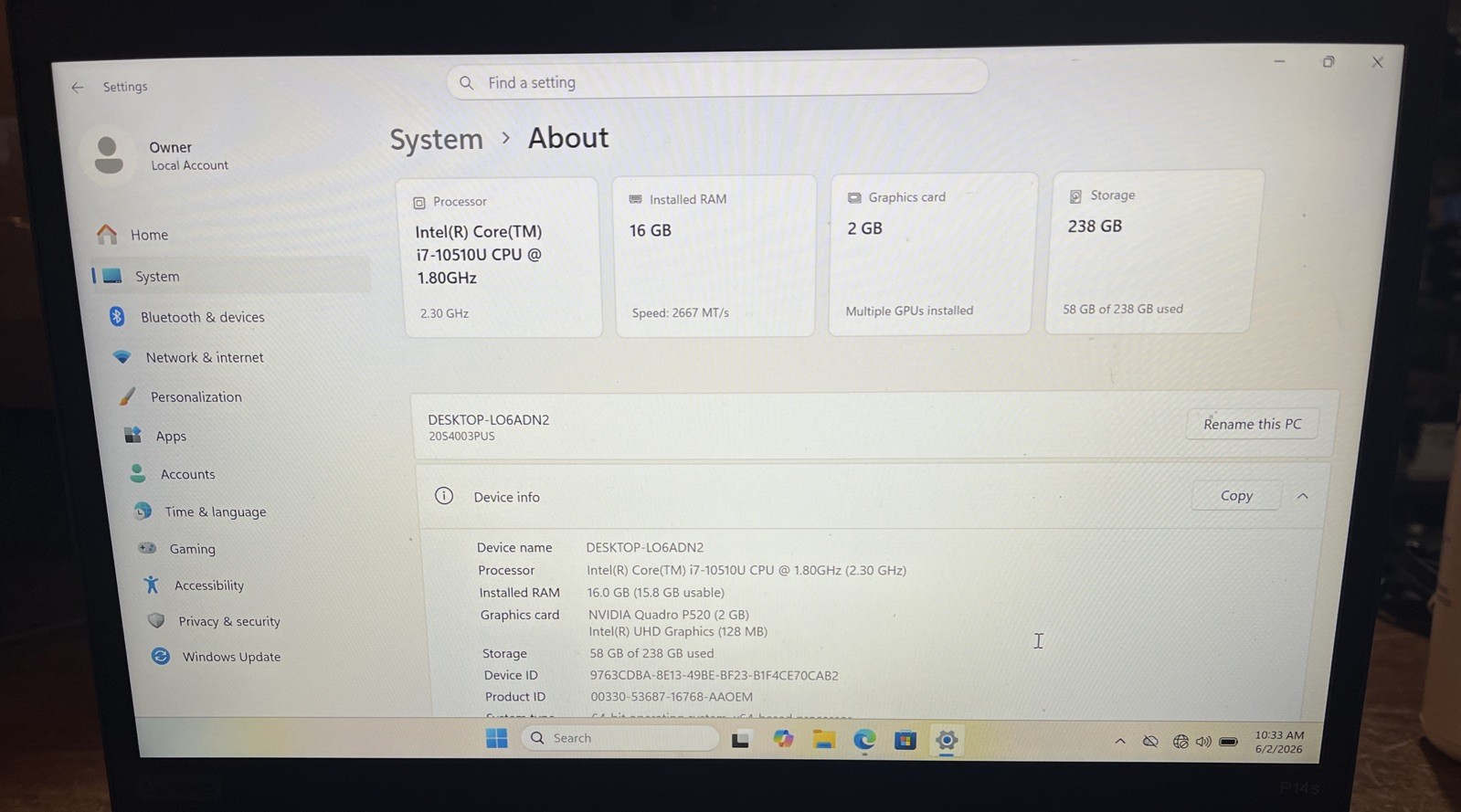 Lenovo ThinkPad P14s i7-10510U@1.8GHz, 16GB RAM, 256GB M2, Win 11 Pro